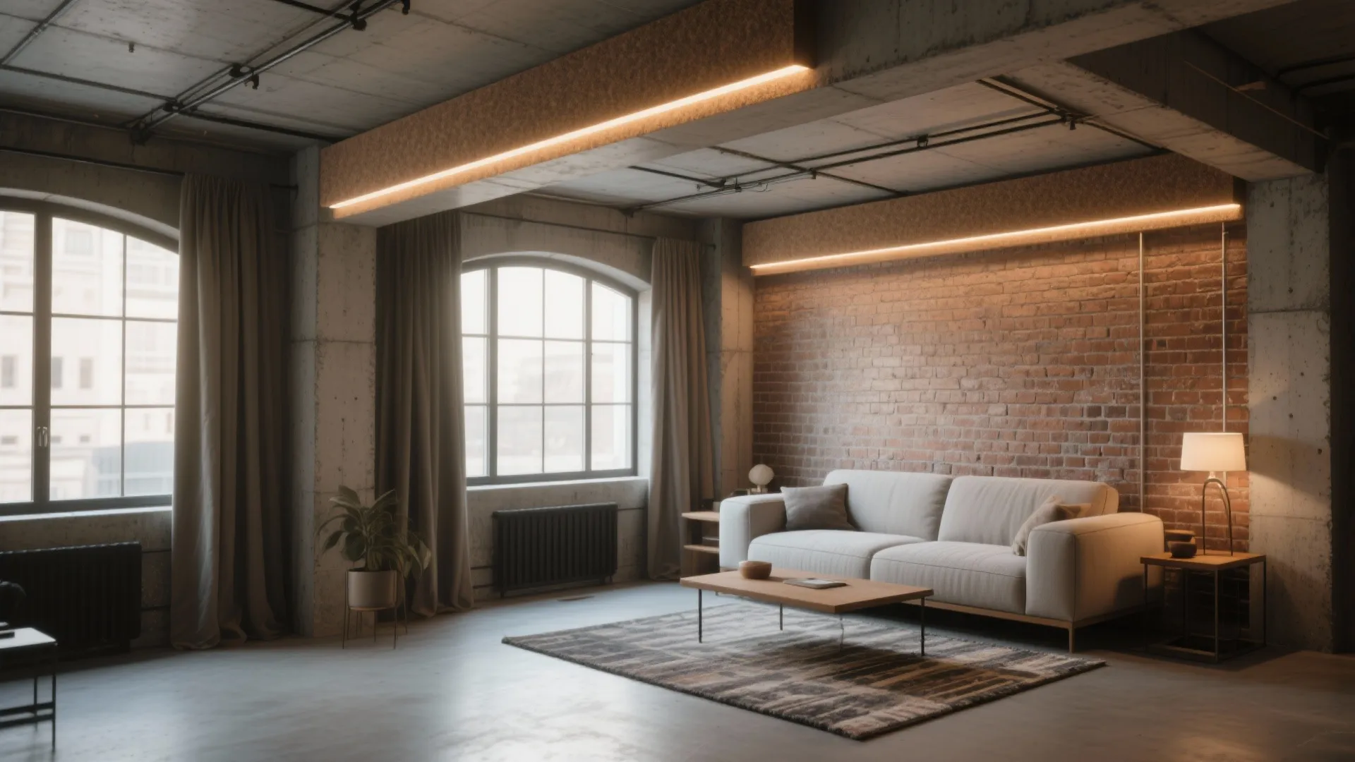 Industrial living room with red brick wall concrete ceiling white sofa wooden table and windows