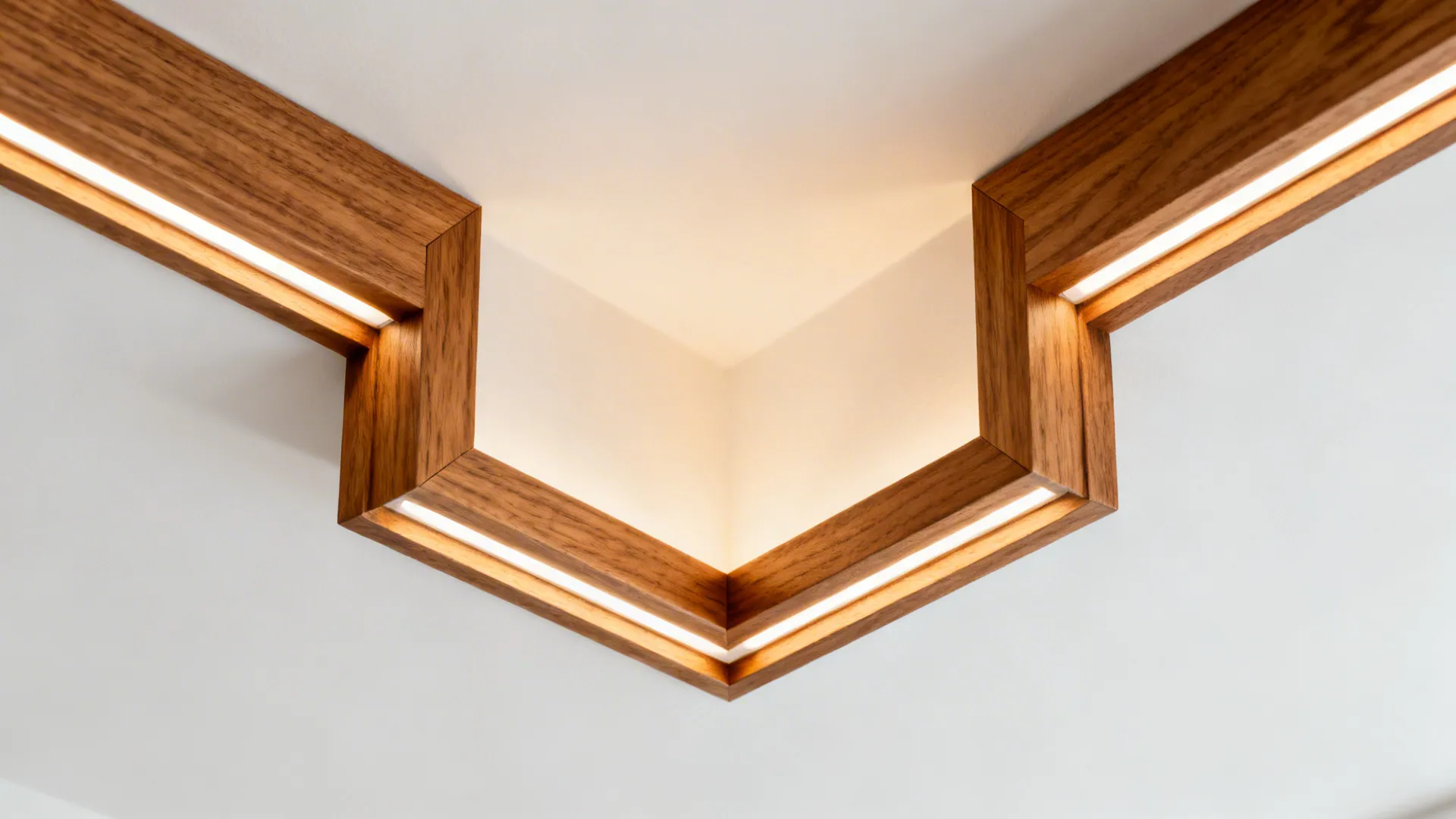 Macro view of oak-veneer faux beam with LED strip washing the ceiling.