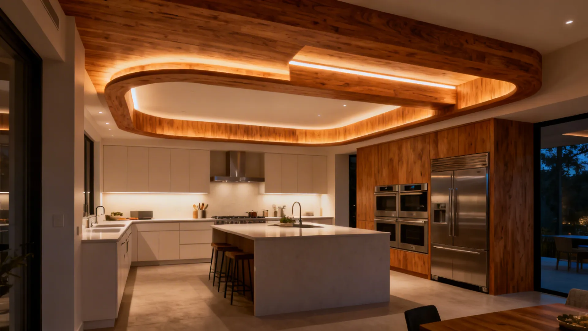 Kitchen with oak-veneer faux beams and integrated LED ceiling wash lighting.