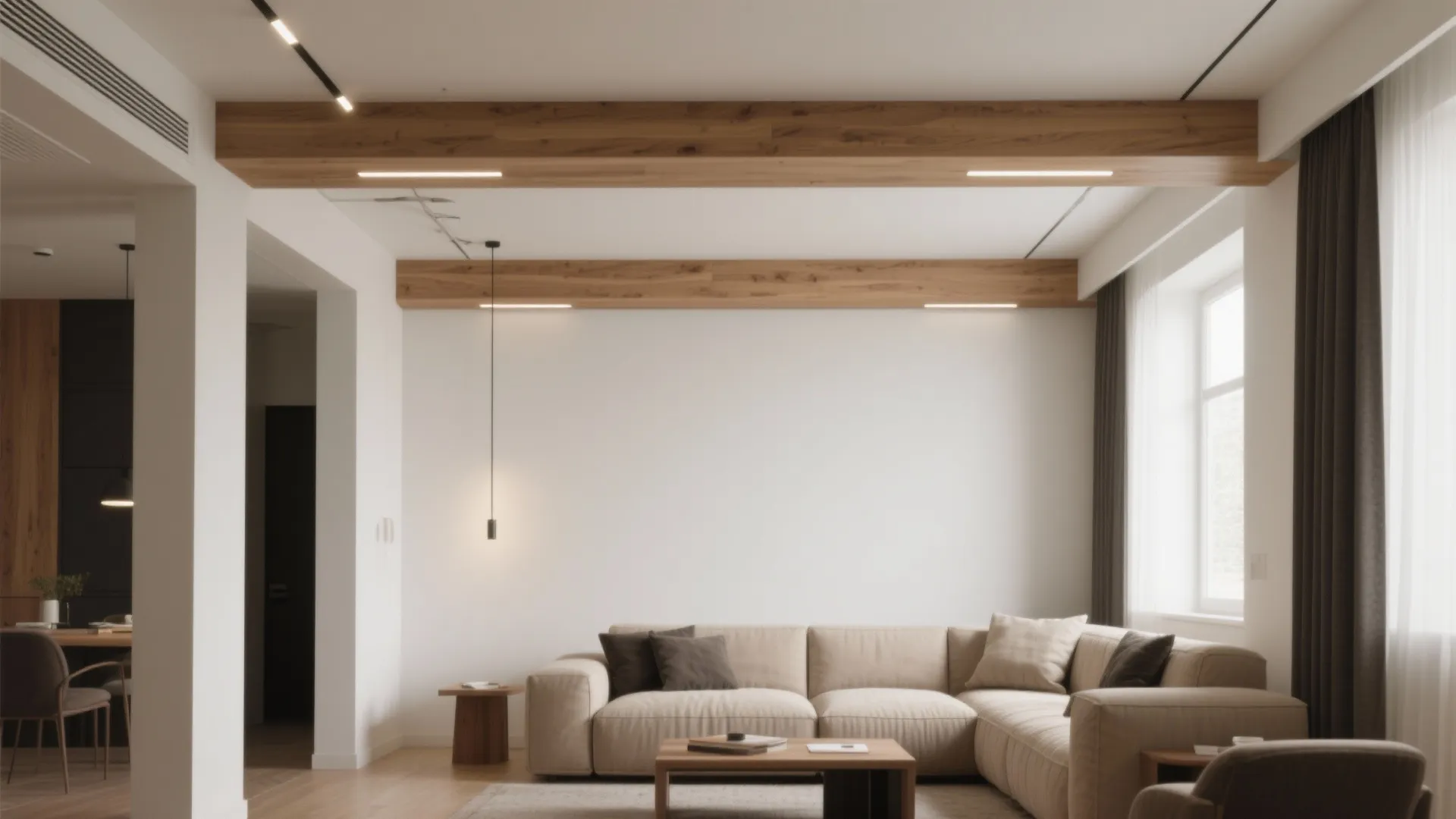 Idea 2: Faux beams to align with furniture (and tame clutter)