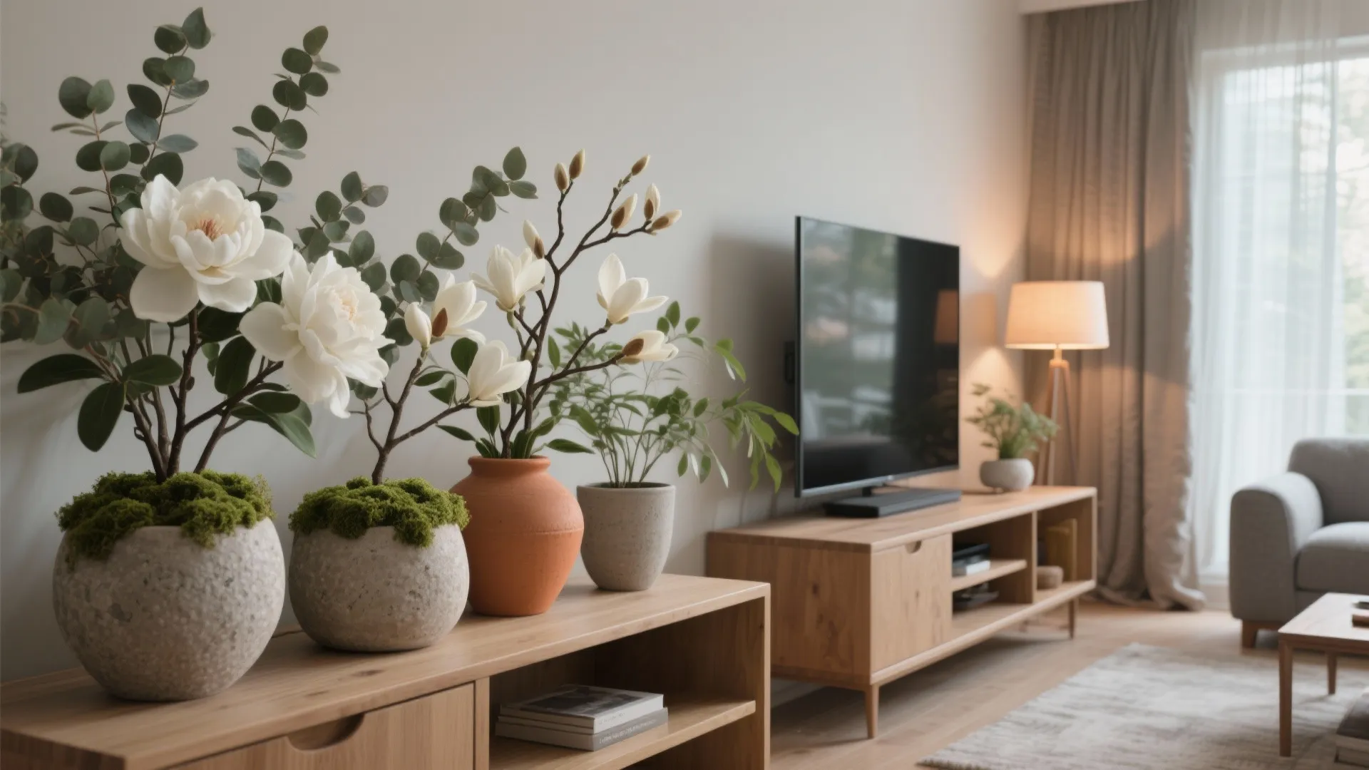 Modern living room featuring white flowers in pots on wooden cabinet with television and lamp