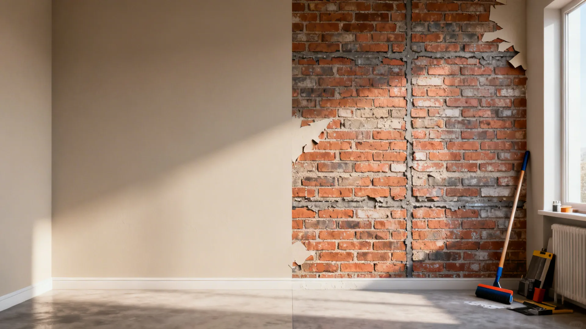 Split before-and-after of a living room accent wall transformed with a peelable faux-brick sticker