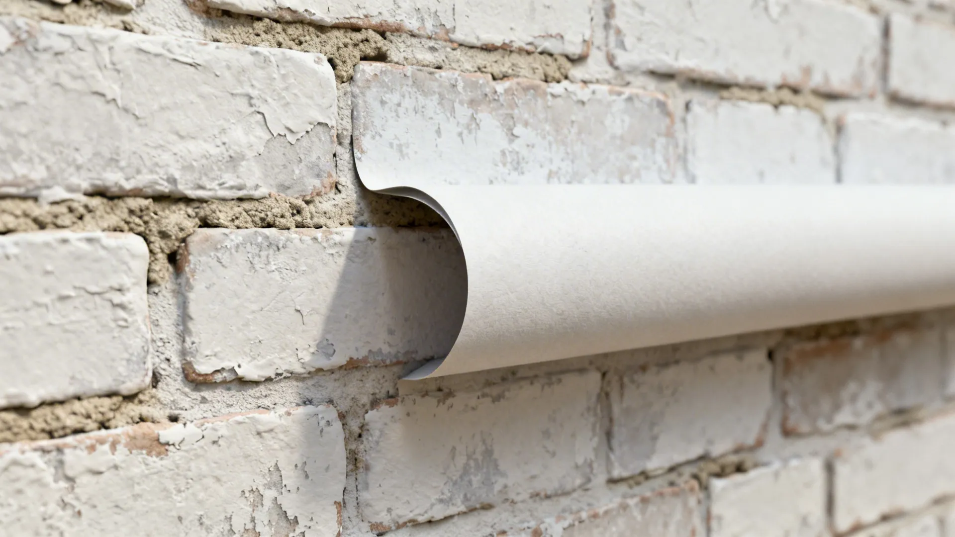 Close-up of whitewashed faux brick peel-and-stick wallpaper being smoothed into place.