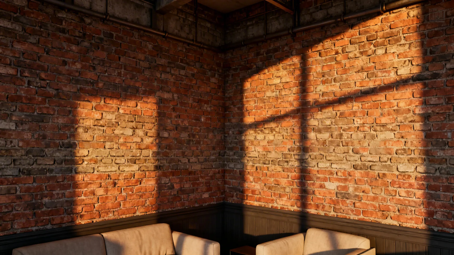 Corner shot of faux brick 3D wallpaper with realistic shadows and warm accent lighting