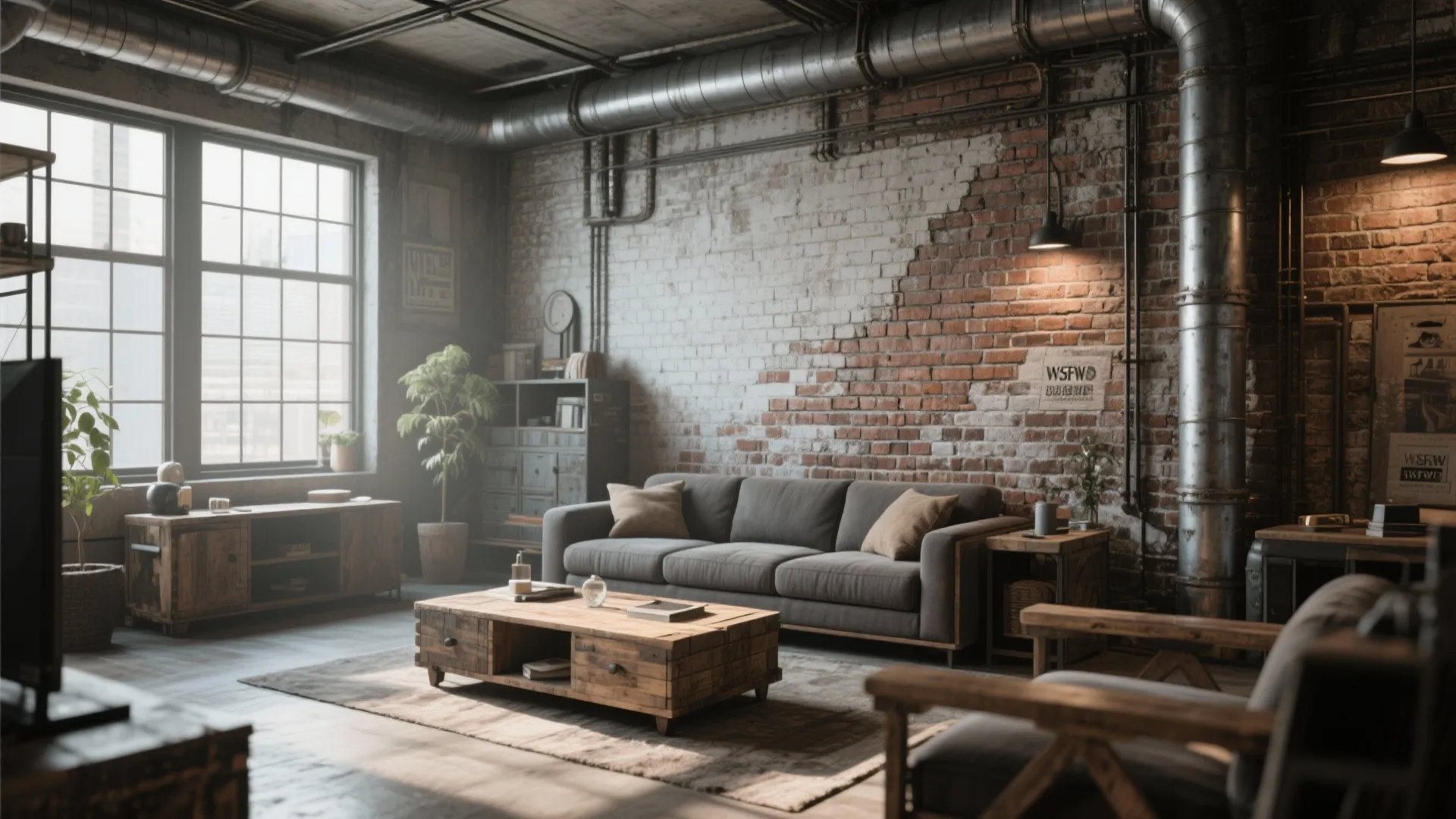 Industrial-style living room with faux brick wallpaper
