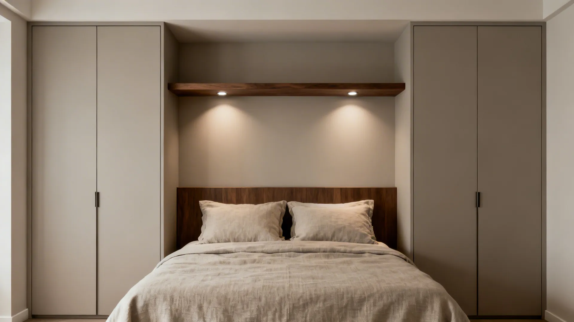 Bridge-shelf wardrobes framing a bed with puck lights for a custom built-in look in a 10x16 guest room.
