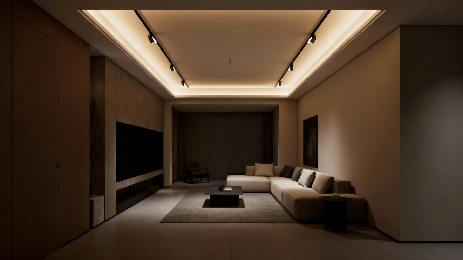 Narrow living room with two parallel short tracks creating a soft inward wash that lifts the ceiling visually.