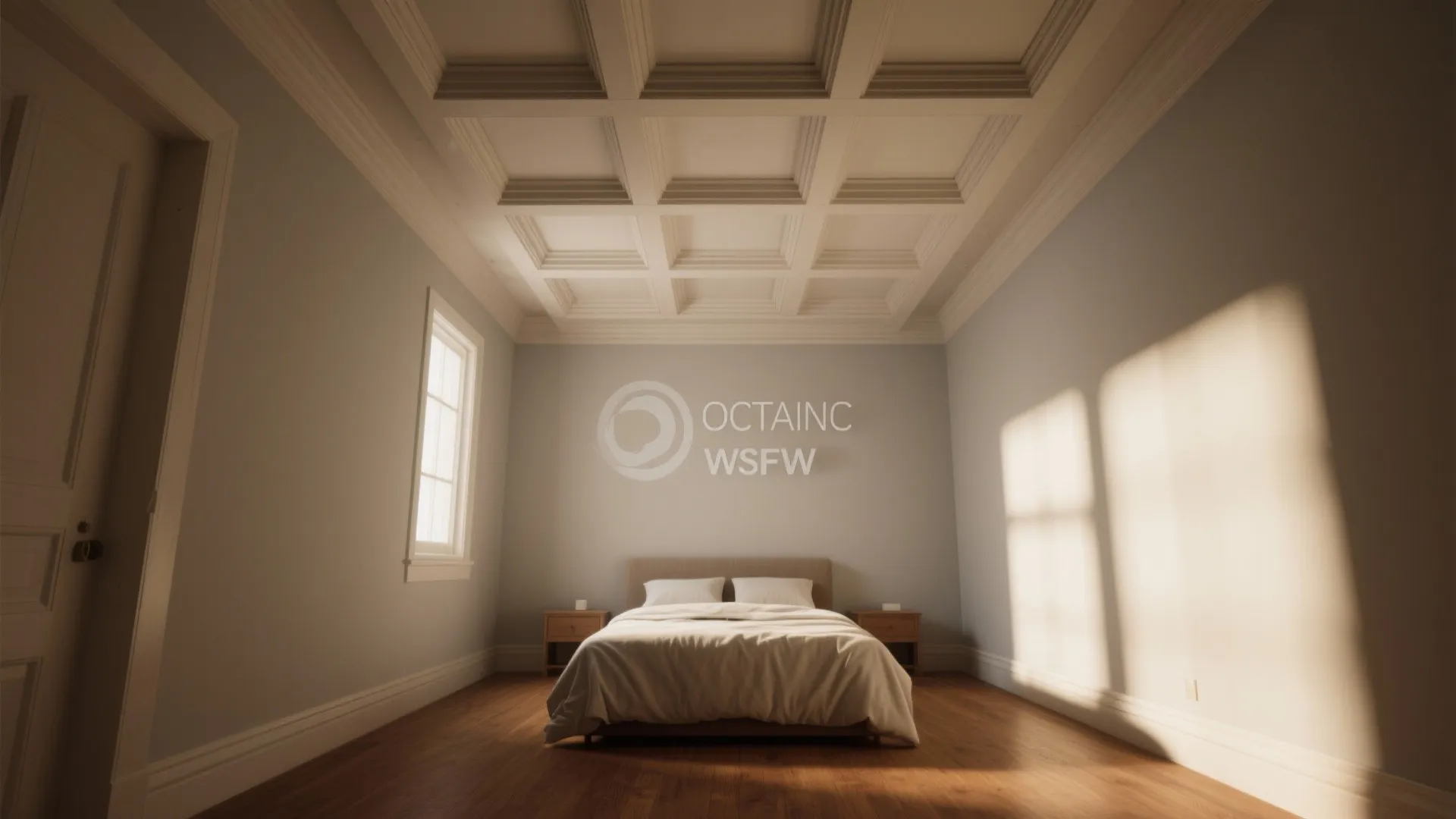 Modern bedroom with wooden floor white bed and a white decorative grid pattern on ceiling
