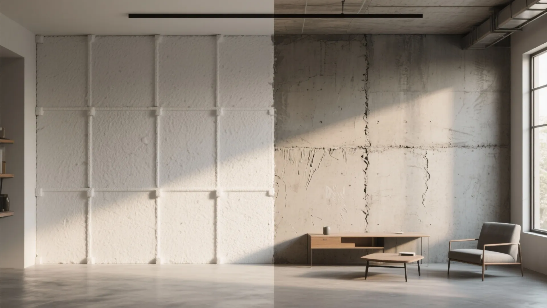 Interior design drawing comparing a white textured wall with a raw concrete wall and chair