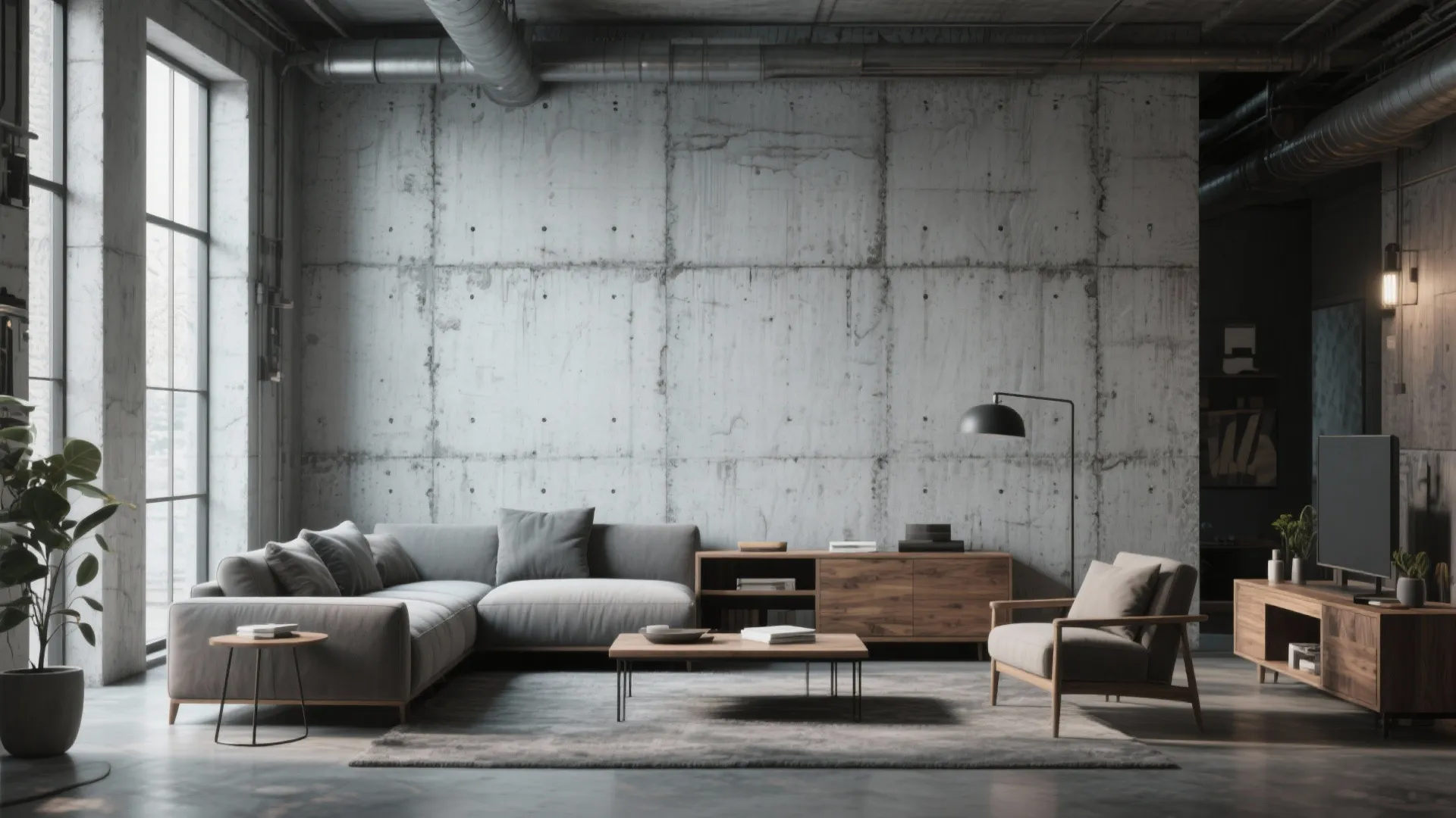 Living room with a faux concrete textured wall showing layered washes and roller grain.