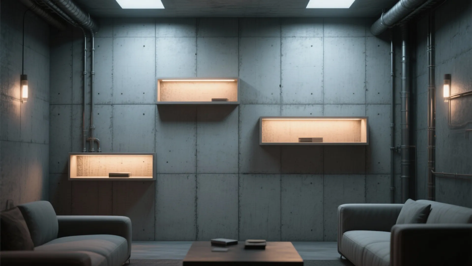 5. Faux concrete panels with integrated LED niches