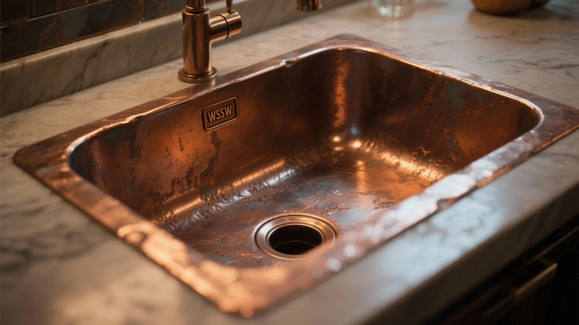 Close up of a rustic copper kitchen sink installed in a white marble stone countertop