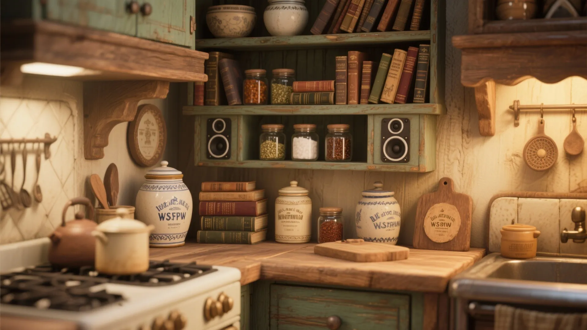 Rustic kitchen shelves with books jars and small speakers hidden among various vintage ceramic storage containers