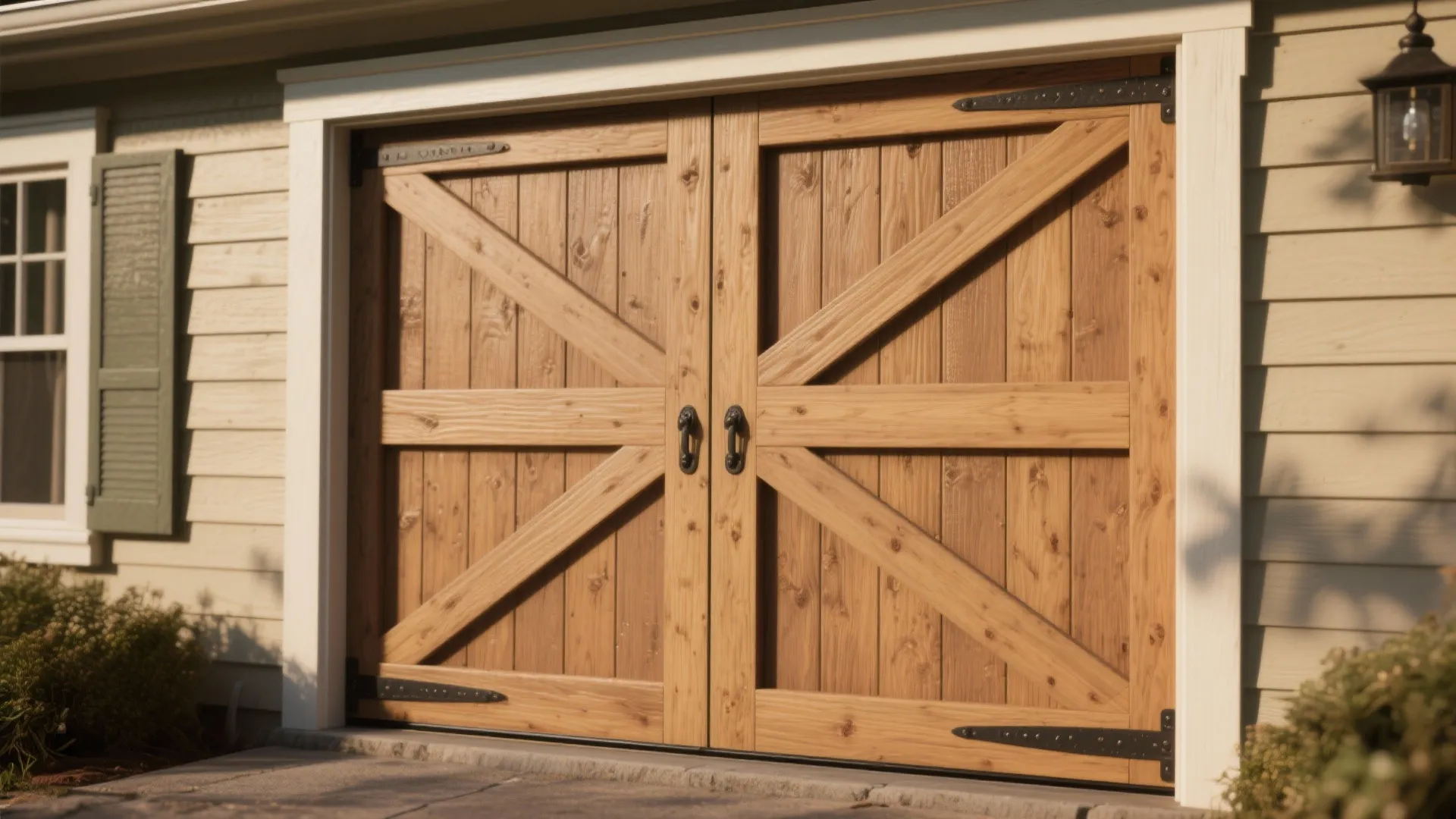 A pair of wooden barn style garage doors with black metal hinges and handles on house