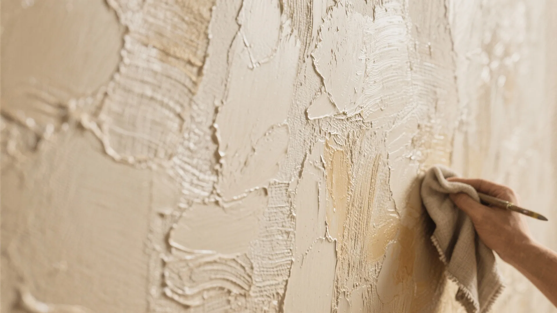 Hand using a small cloth and brush to apply textured beige paint on a wall