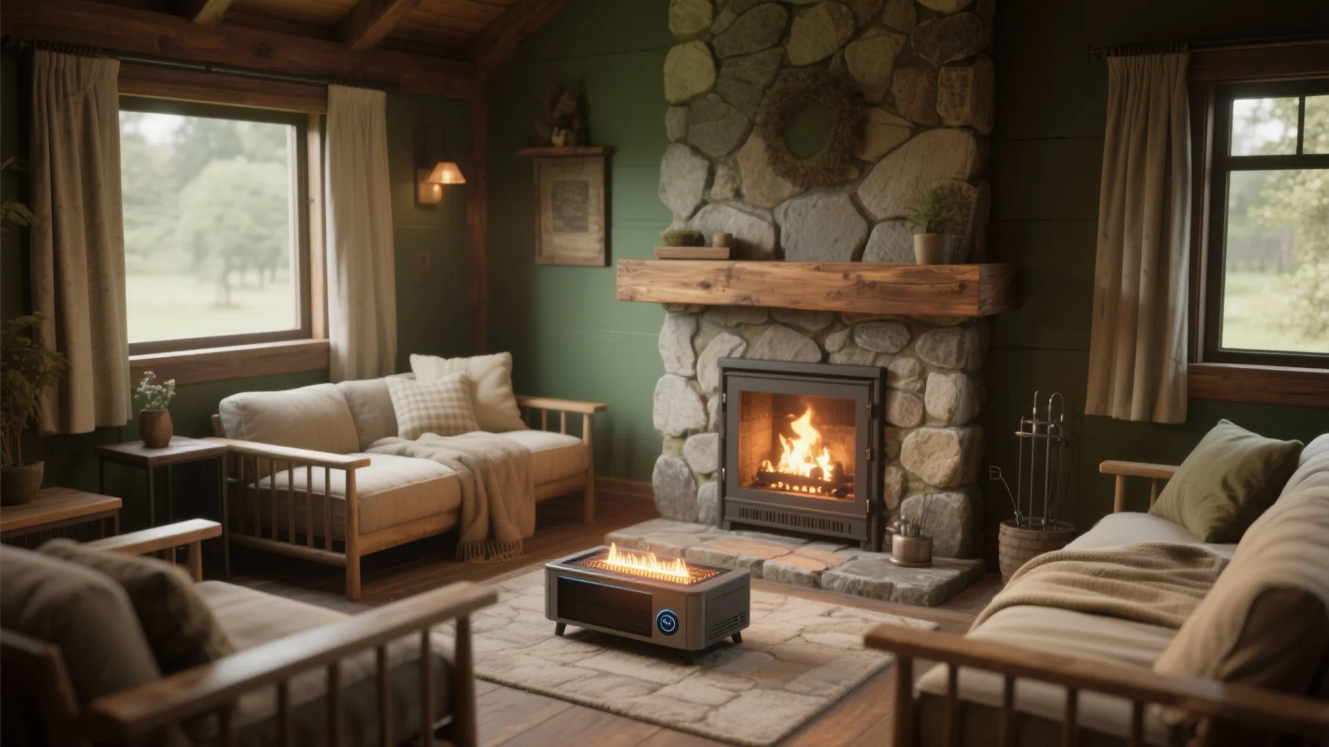 Compact lodge room with an electric stove on a stone-look hearth and a simple wood mantel shelf