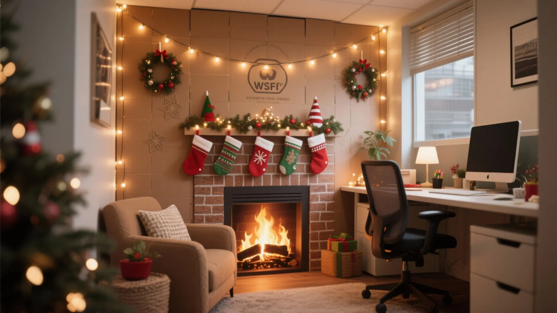 Cozy home office with burning fireplace Christmas stockings desk computer armchair and warm holiday decorations