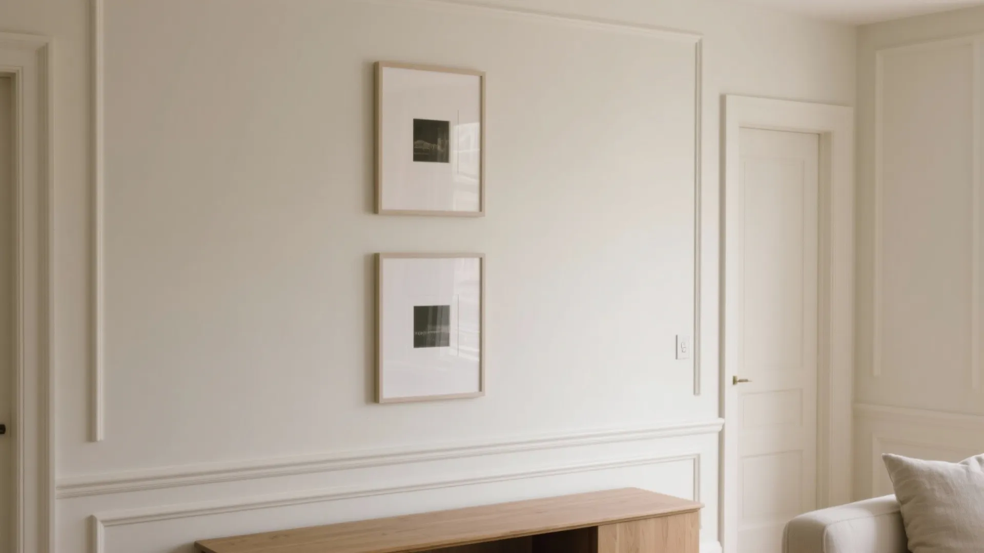 Neutral living room wall with decorative wall panel and two small framed pictures above wooden