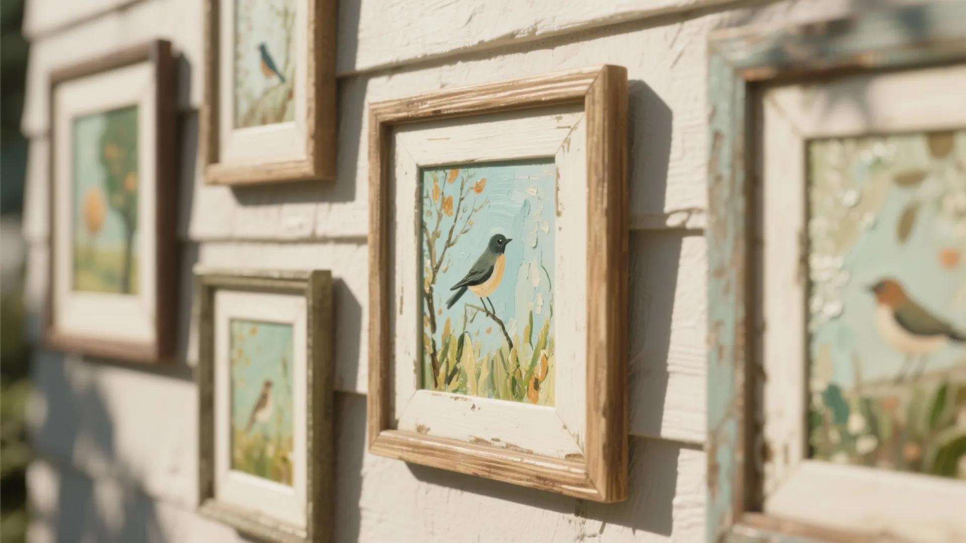 Close-up of faux framed mini-paintings on an exterior wall showing brush texture and frame detail.