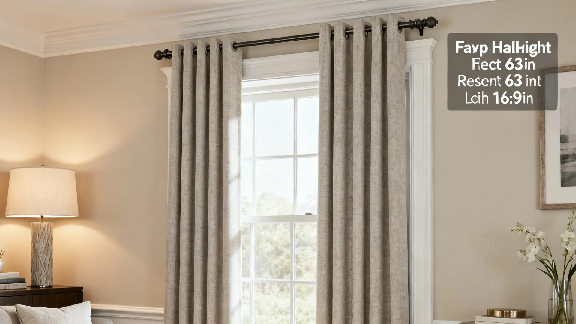 Beige curtains on dark rod hanging over window with table lamp and white wall panel