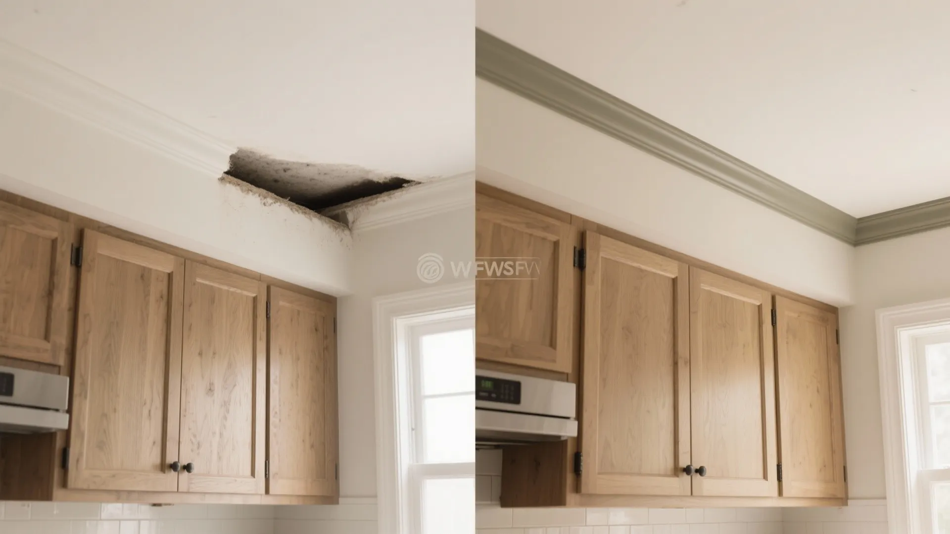 Before and after comparison showing a hole in the ceiling filled with decorative wall panel
