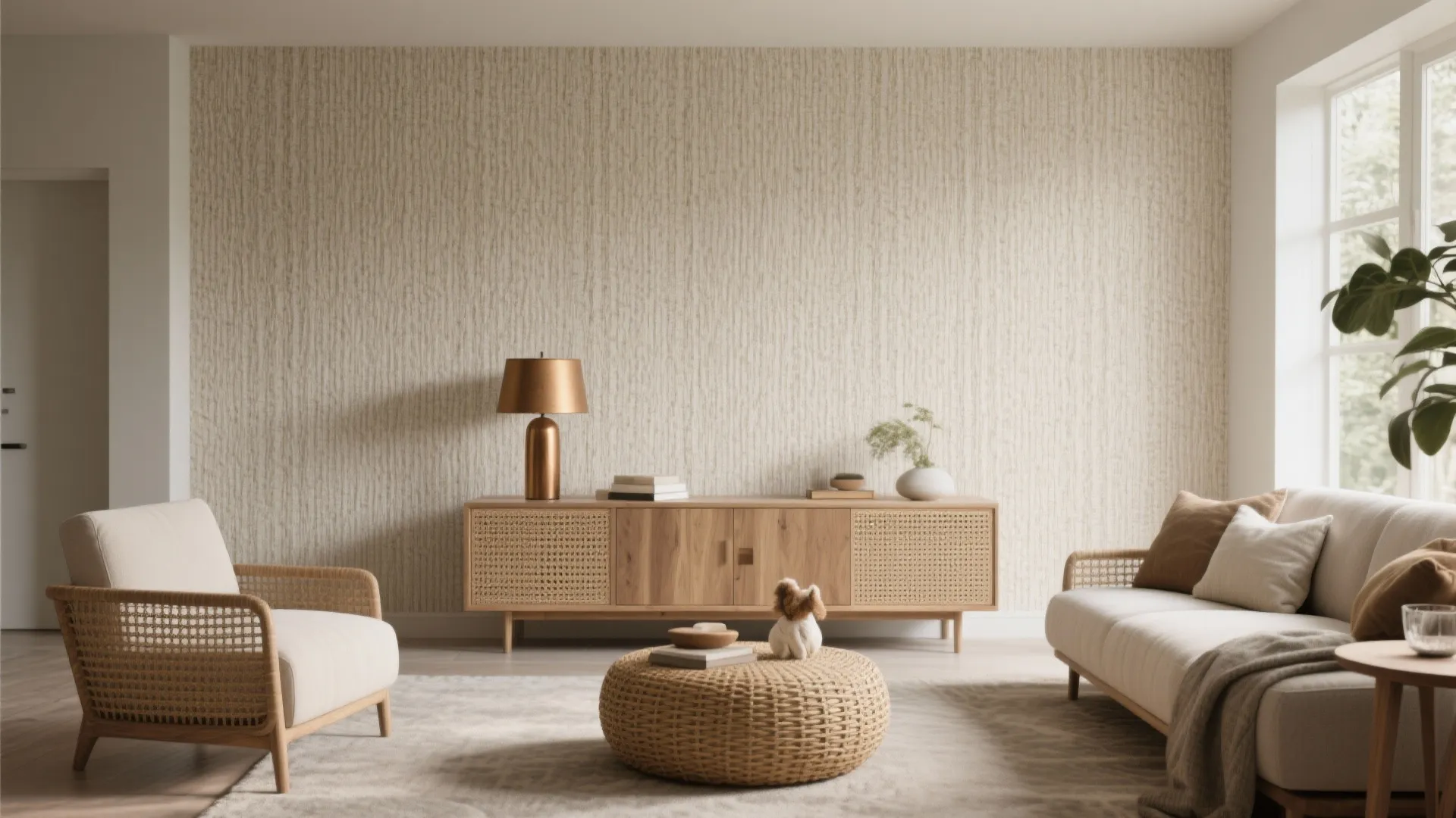 Modern living room featuring a wooden cabinet white sofa wicker chair and light textured wallpaper