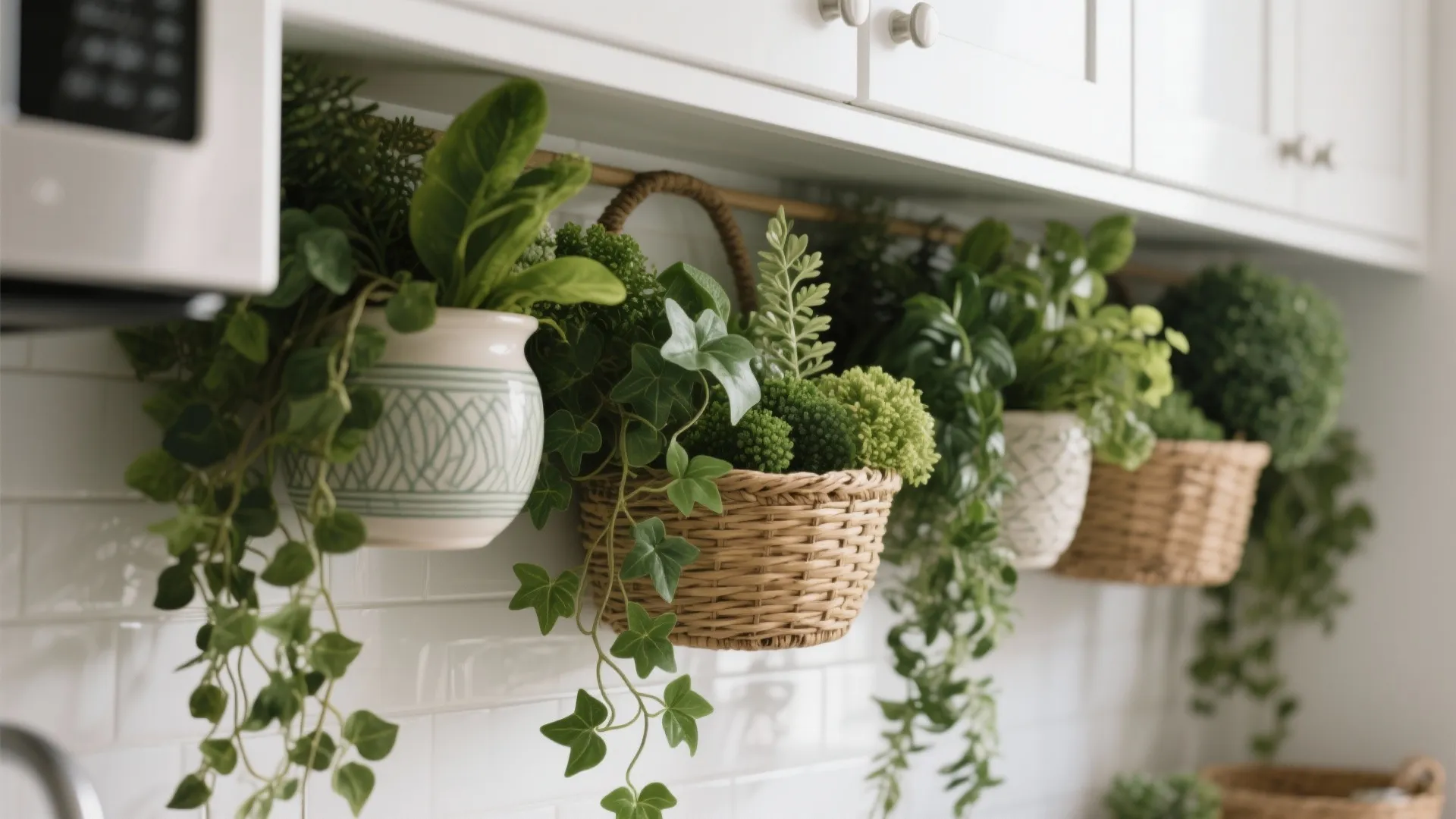 Green potted plants and hanging baskets with artificial ivy decorating a white tile kitchen wall