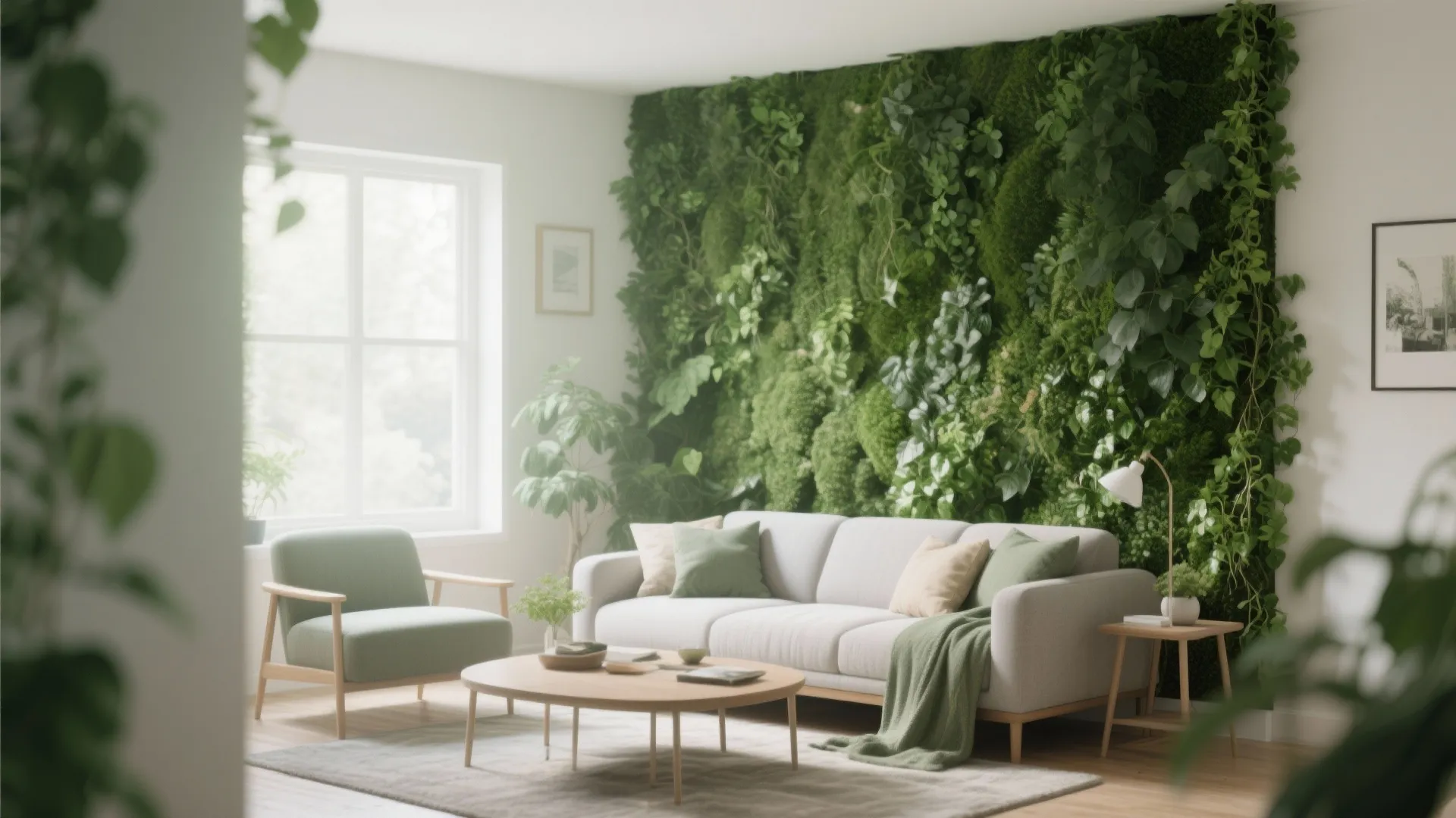 Faux ivy greenery wall panel in cozy living room