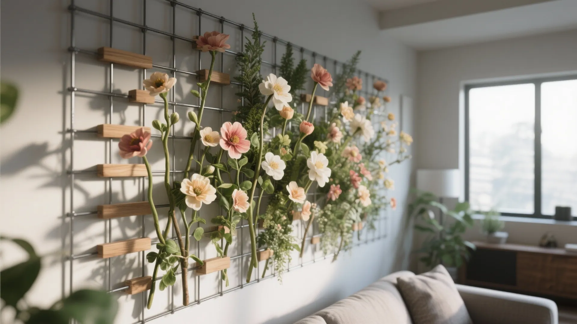 Metal grid wall panel decorated with colorful artificial flowers and small wood blocks in living room