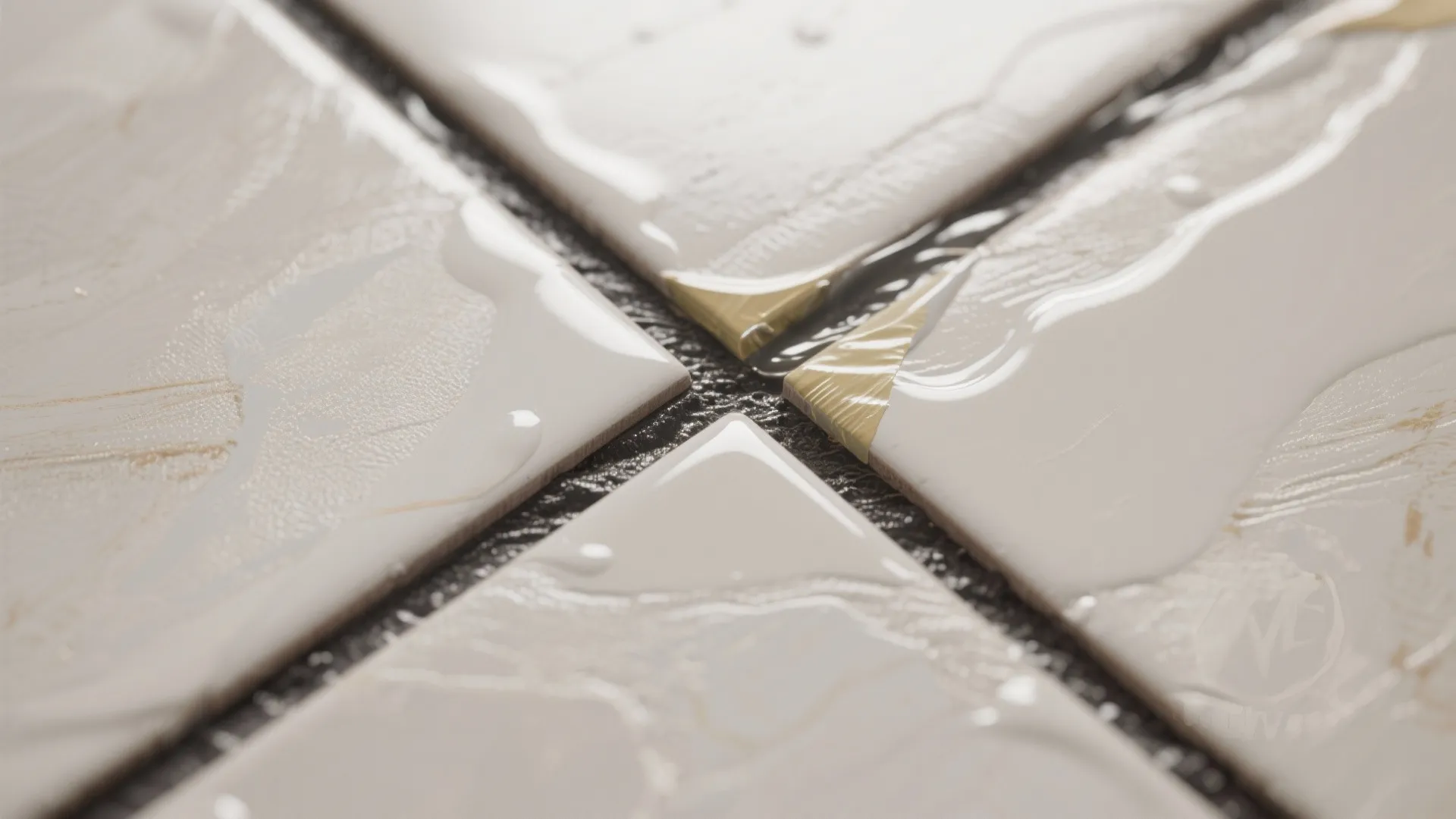 Close-up of painted tile with precise faux-grout lines and clear waterproof caulk topcoat.