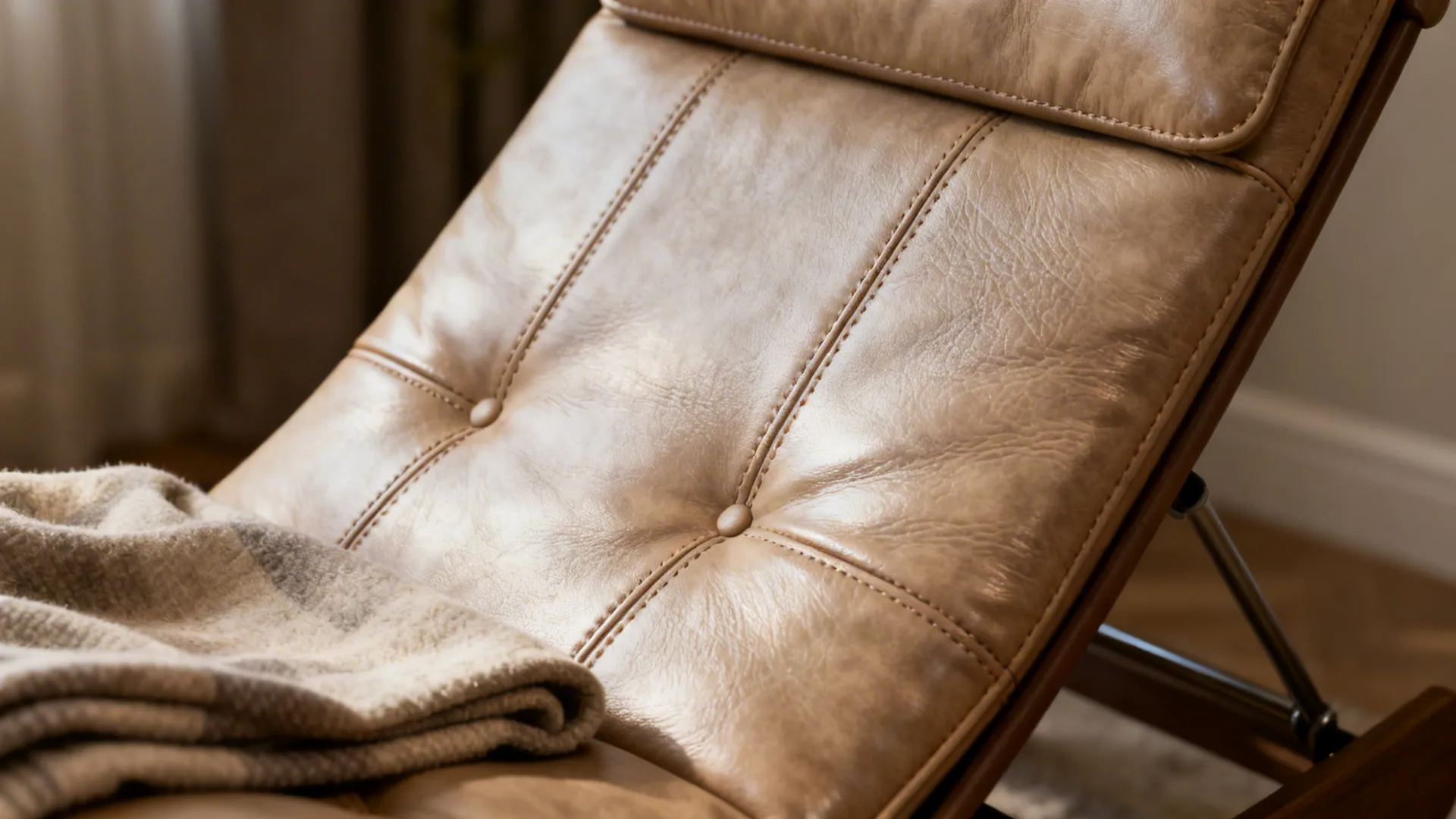 Close-up of faux-leather recliner upholstery showing grain and stitching