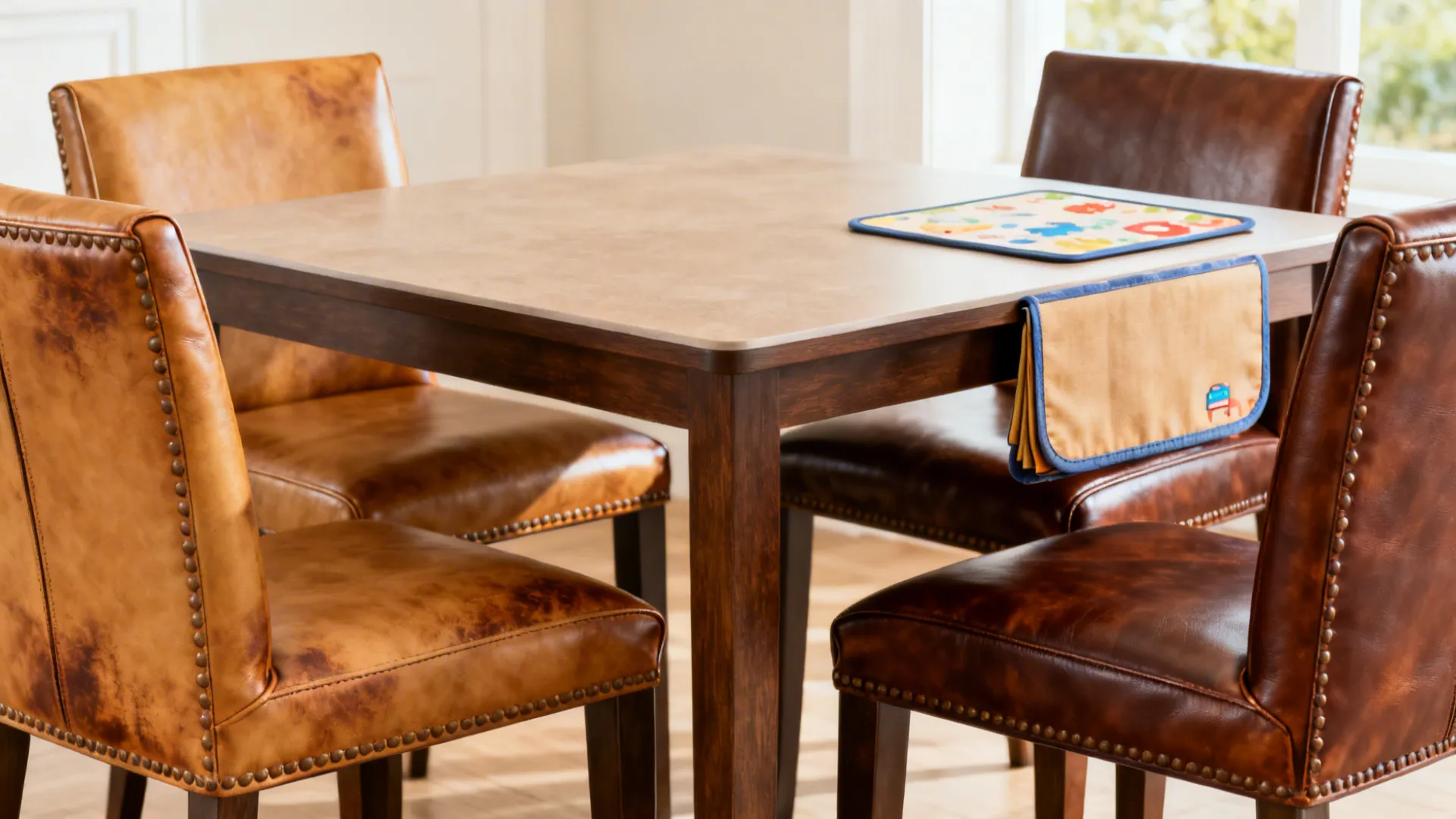 Compact dining table with tan and brown performance leather chairs showing grain and stitch detail.