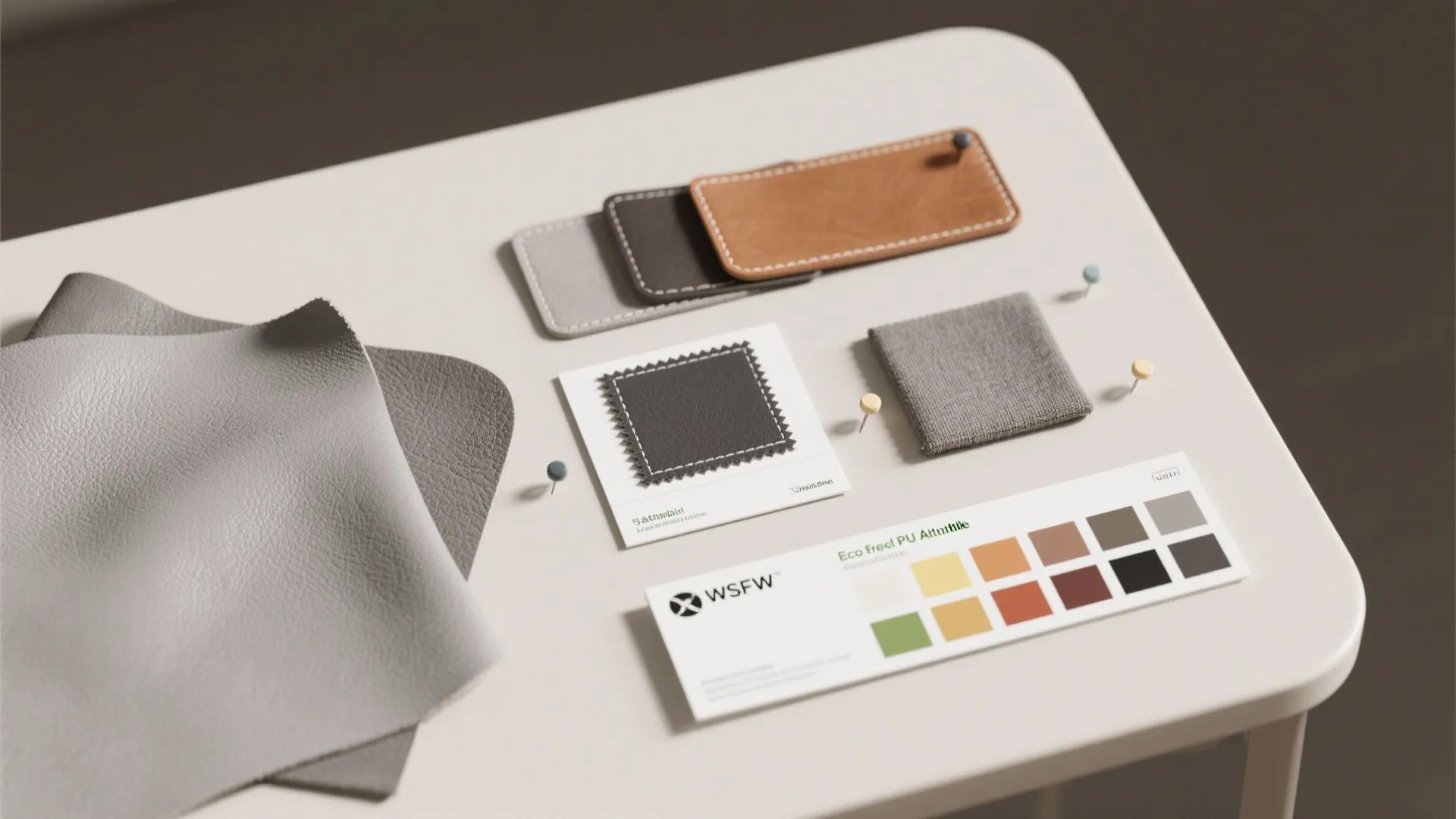 Interior design materials including leather swatches and color cards displayed on a white studio table