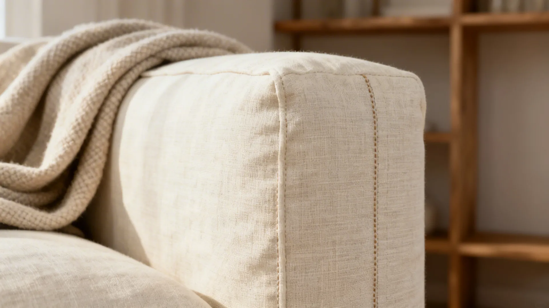 Close-up of faux-linen peel-and-stick wallpaper showing tactile weave and matte finish.