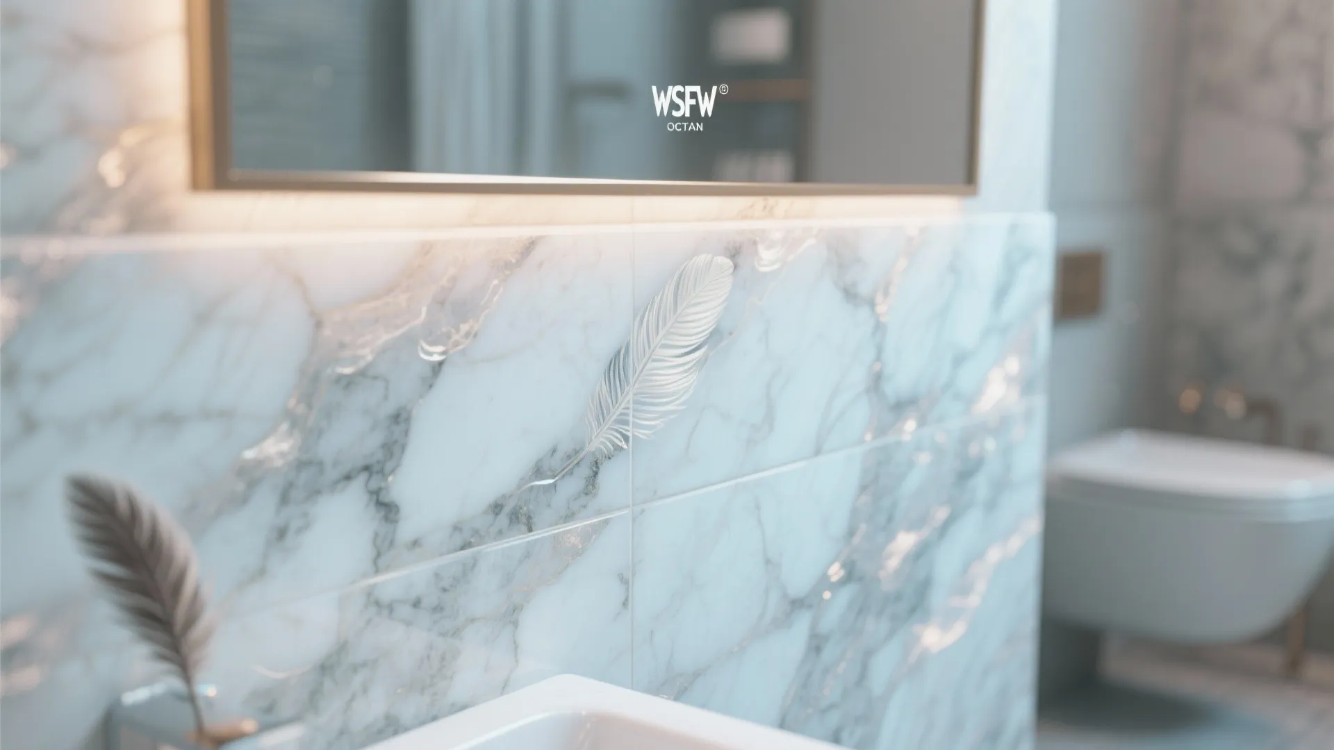 Close up of white marble wall tiles with feather design in a bright modern bathroom