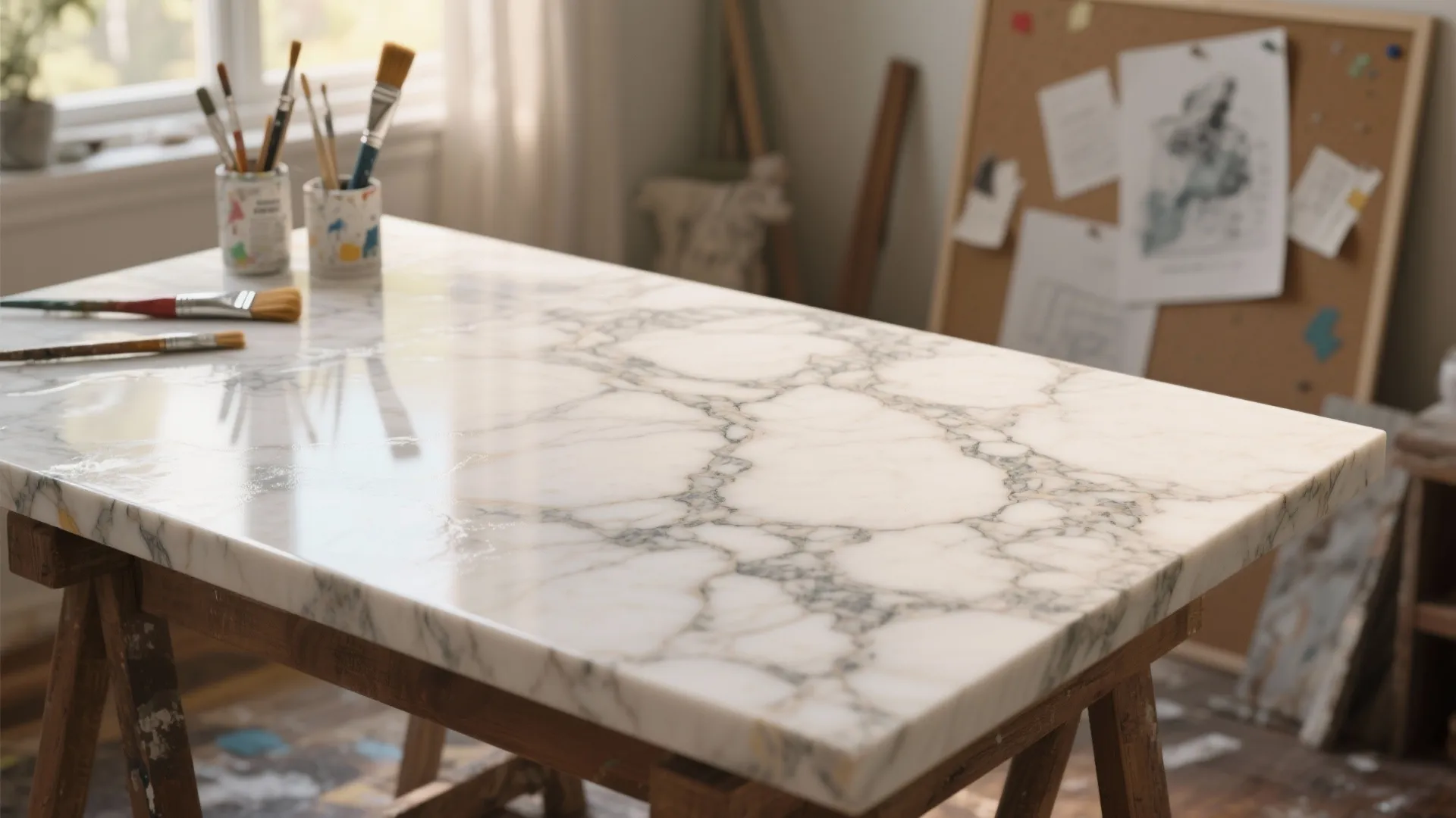 White marble table top on wooden legs with paint brushes in a bright home studio