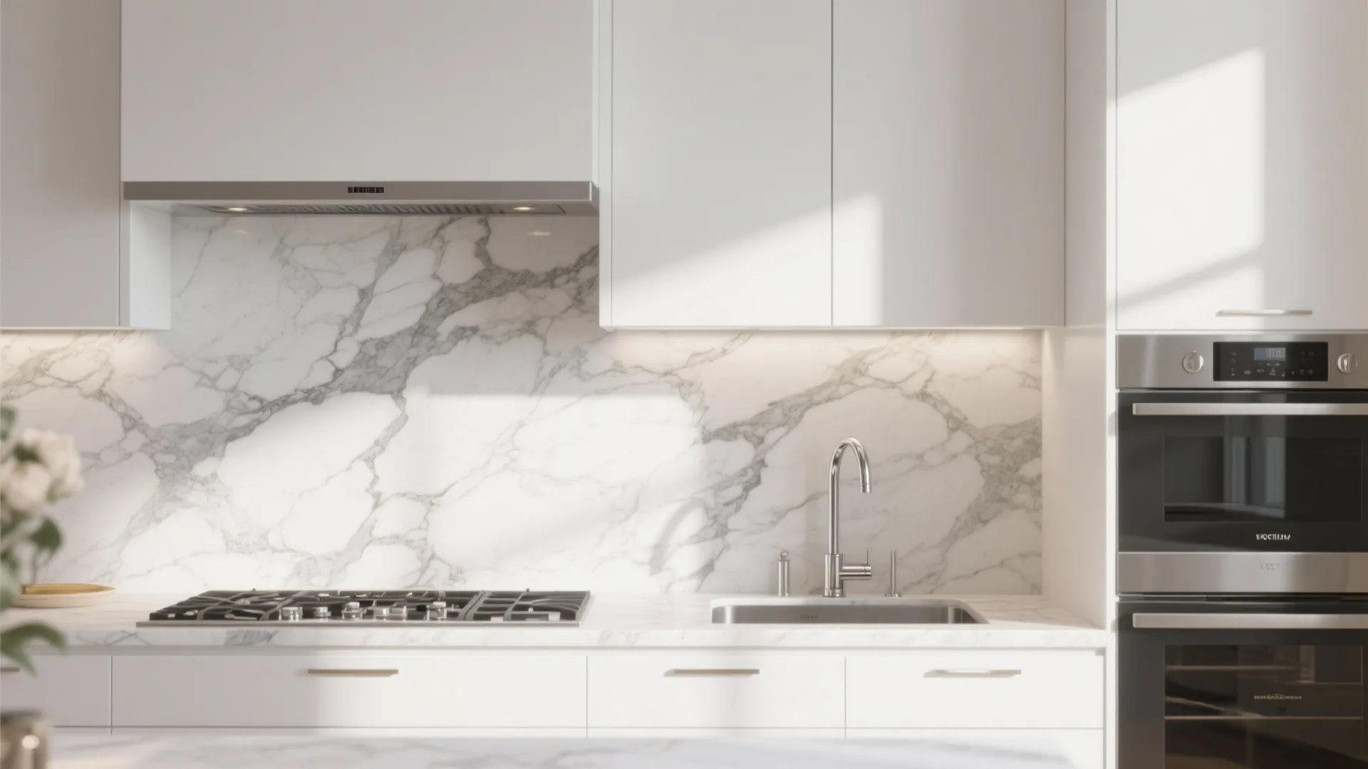 Modern white kitchen with marble wall tiles plus a gas stove and built in oven