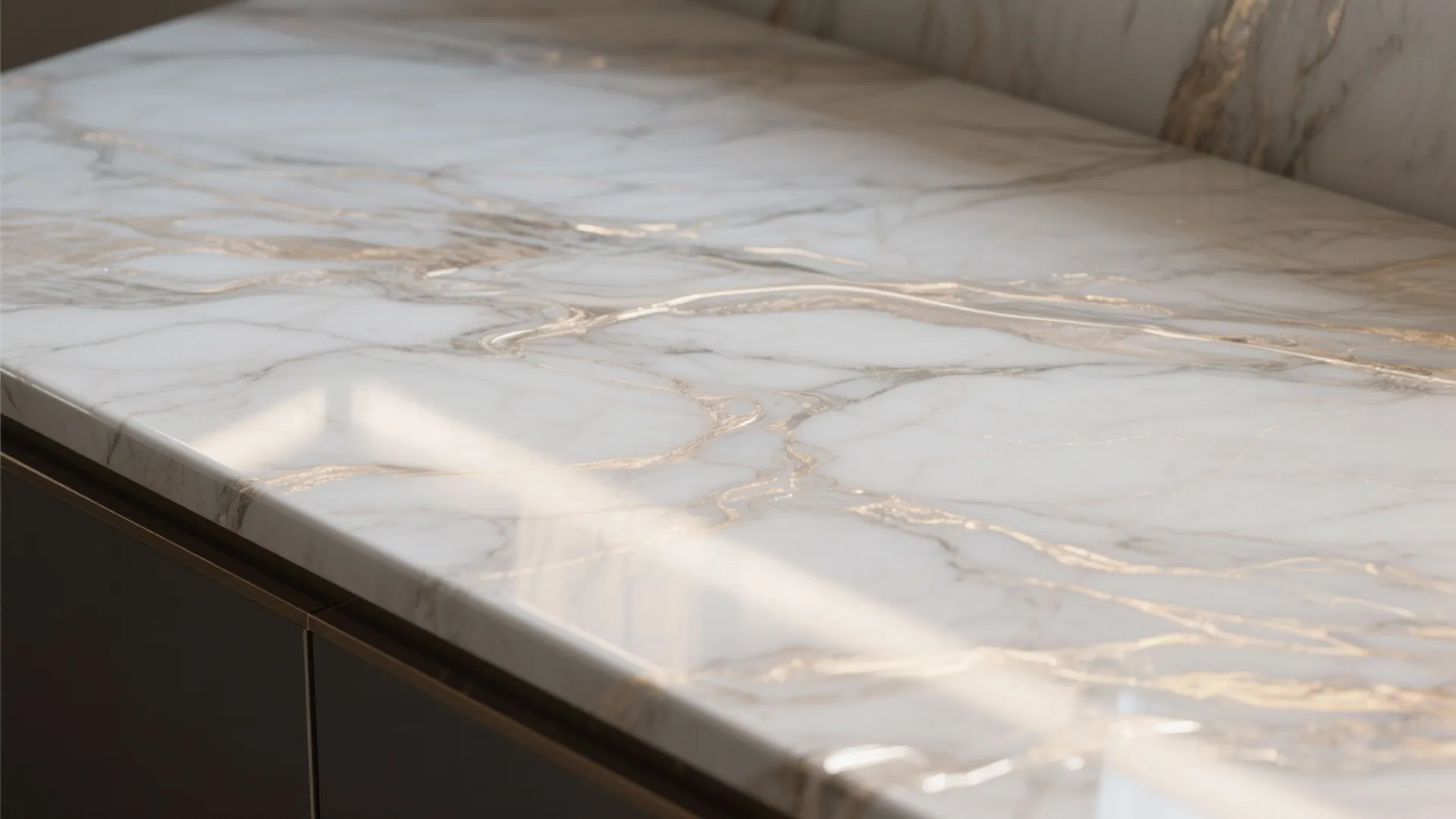 Close up view of a white marble counter top with smooth gold and grey veins