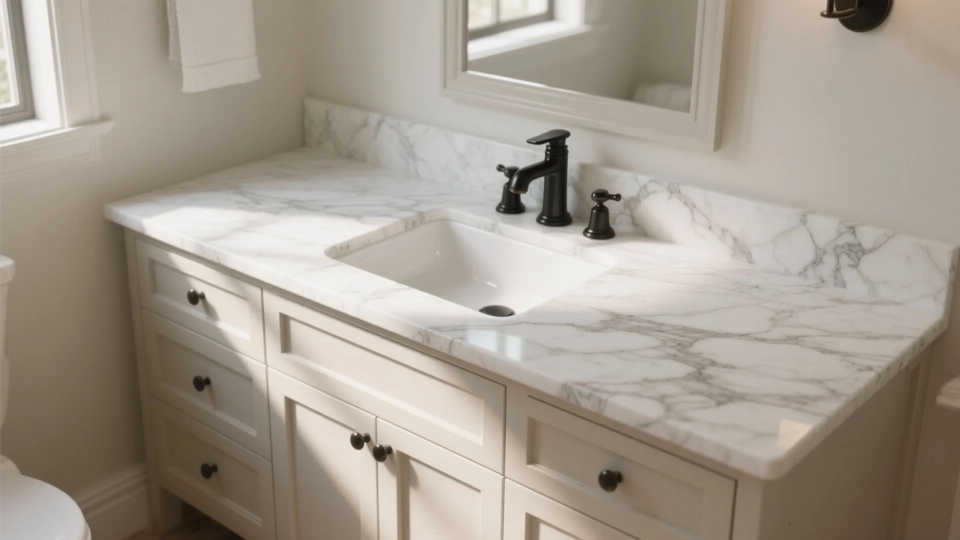 Elegant bathroom interior with white marble countertop cream cabinet black faucet and a wall mirror