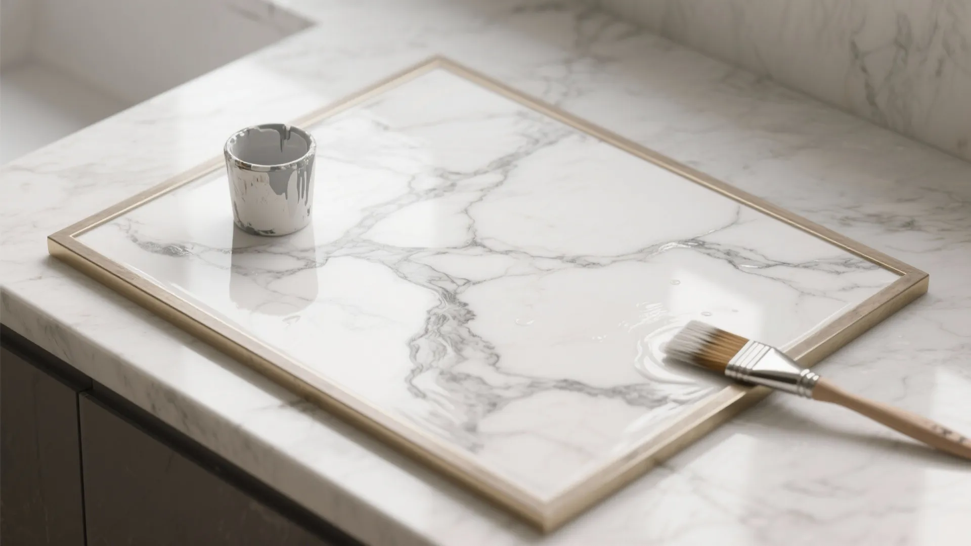 Painting a white marble pattern on a flat surface with a small brush and paint