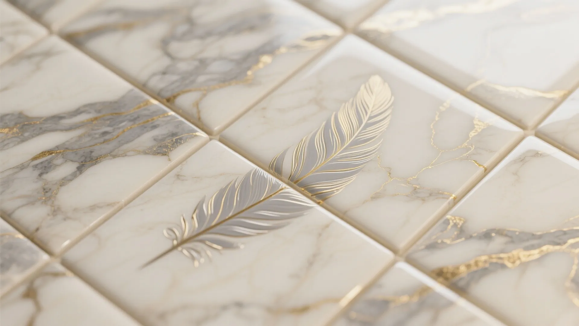Close-up of faux marble painted tile with delicate veining and glossy sealed finish.