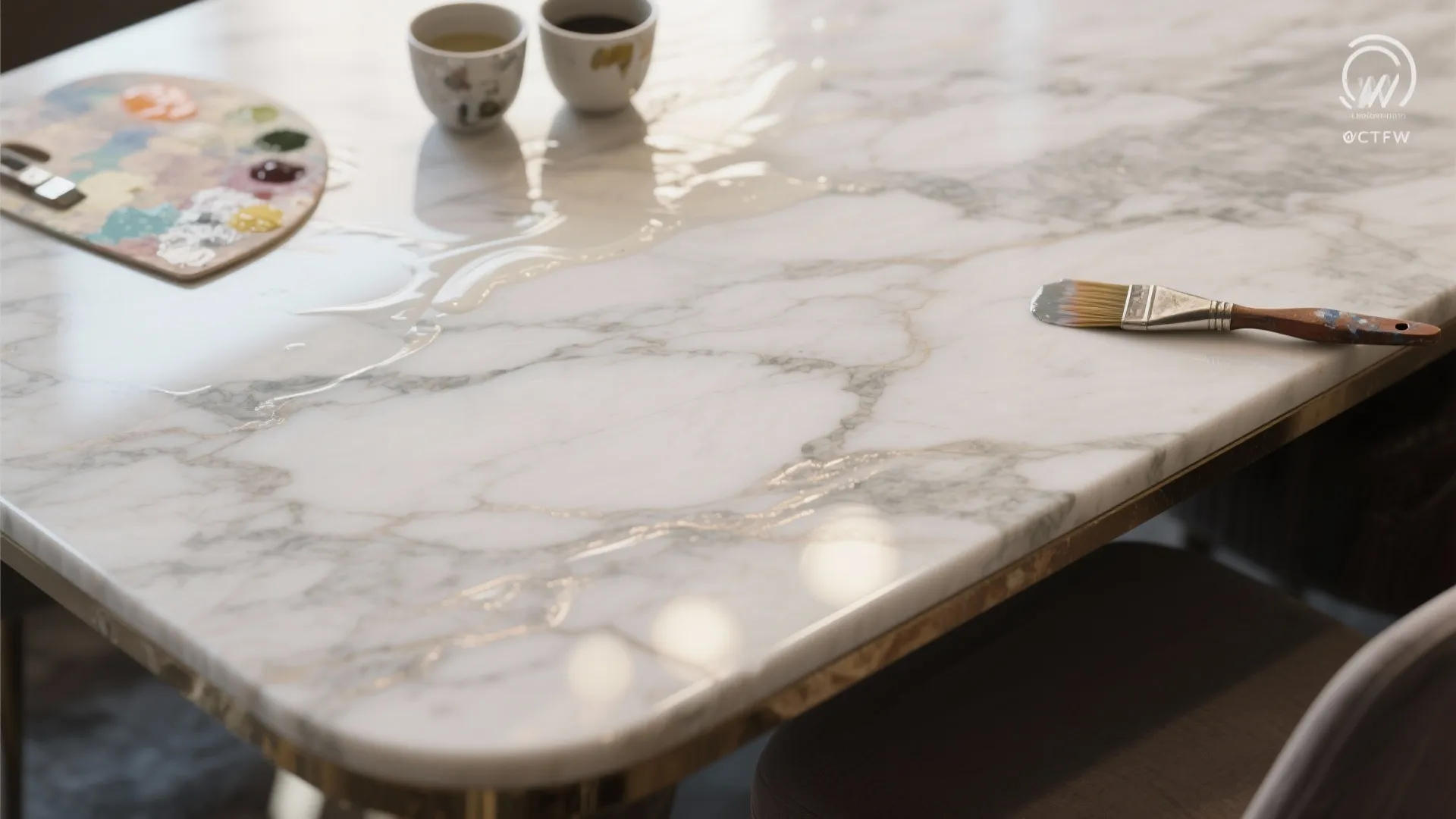 White marble tabletop with a paint palette two small cups and a brown paint brush