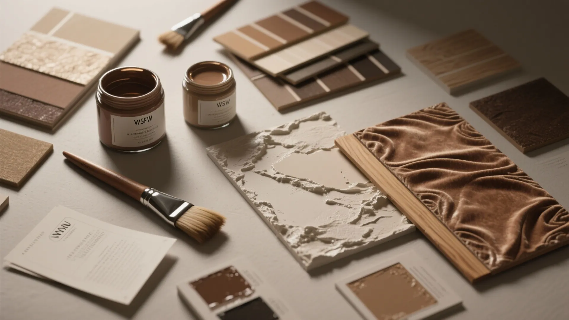 Top-down flatlay of paints, glazes, brushes and wood samples demonstrating faux finishes like velvet and plaster.