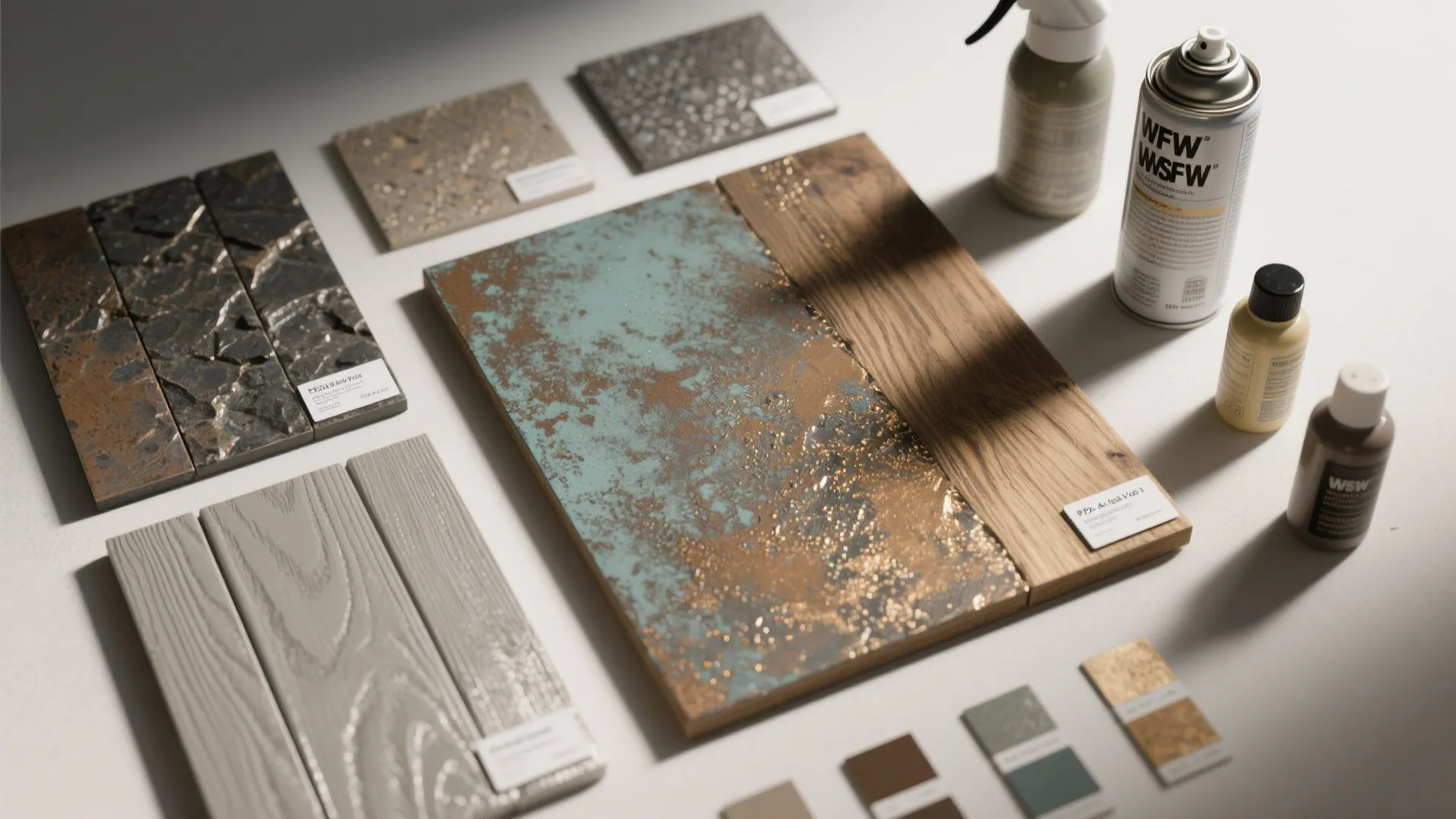 Table with various home material samples including wood panels stone tiles and several spray cans