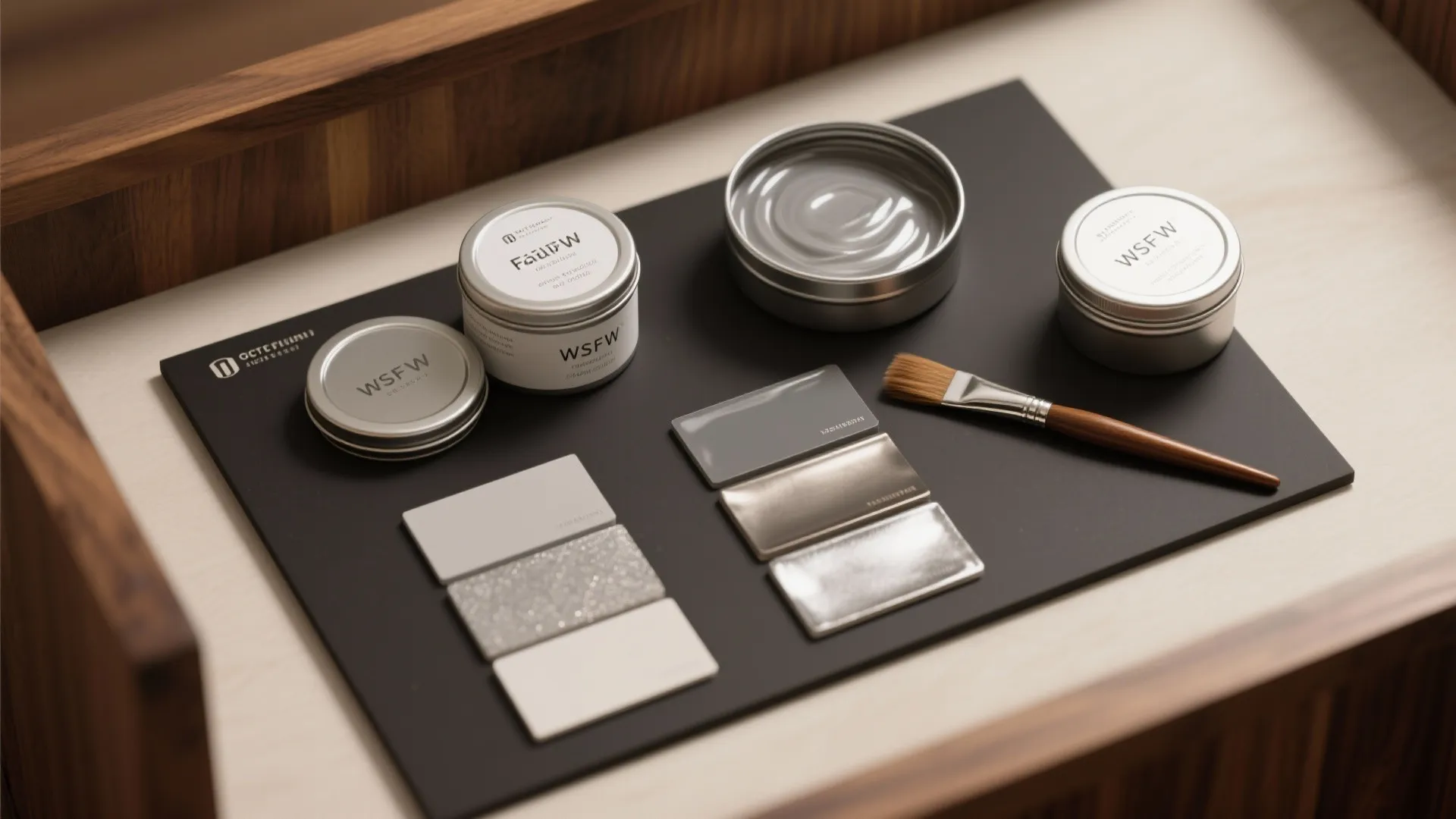 Silver metal paint cans with color sample tiles and a wooden paint brush on black mat