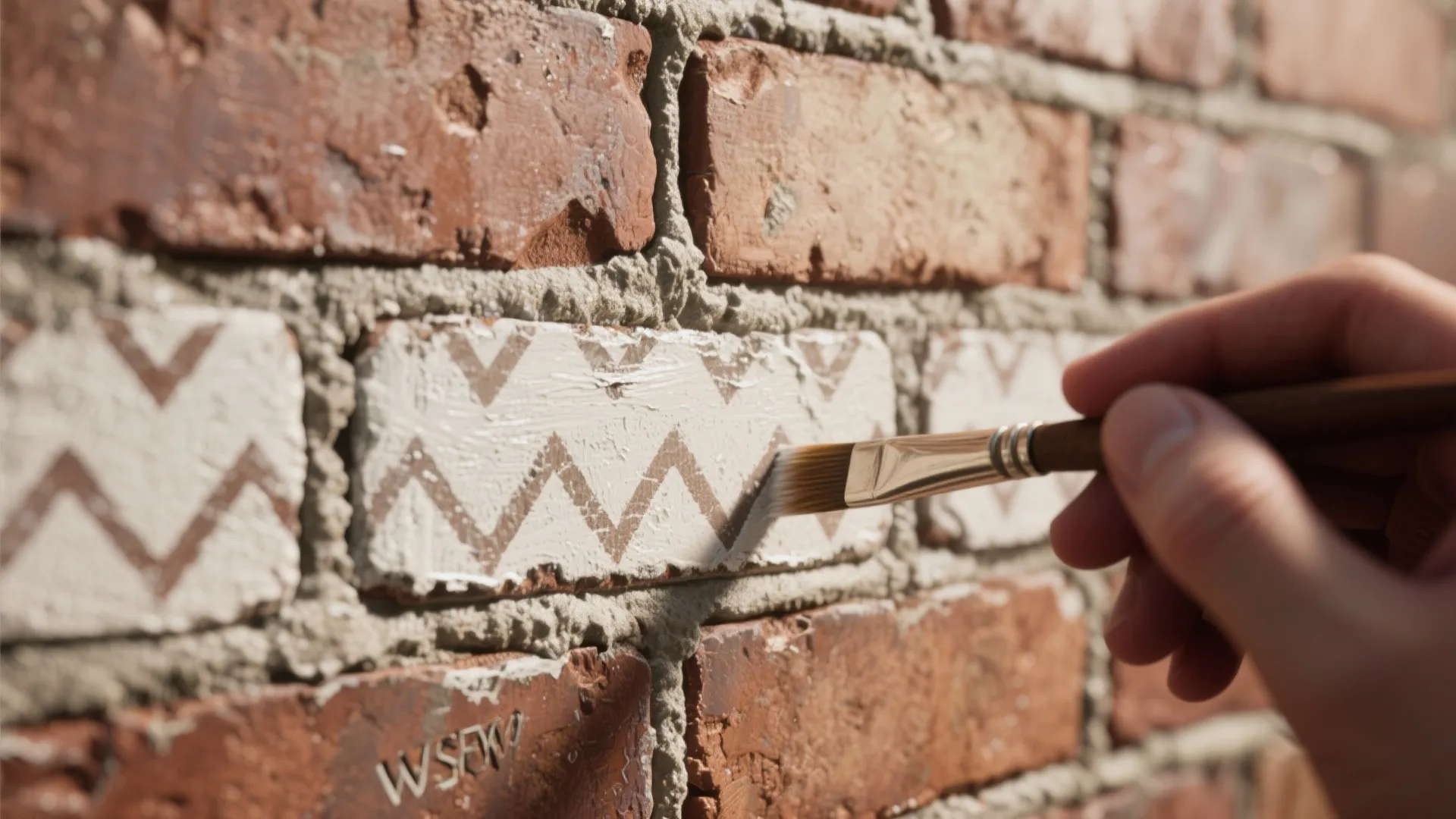 Close-up of painted brick with faux mortar detail and a subtle stenciled herringbone pattern being hand-painted.