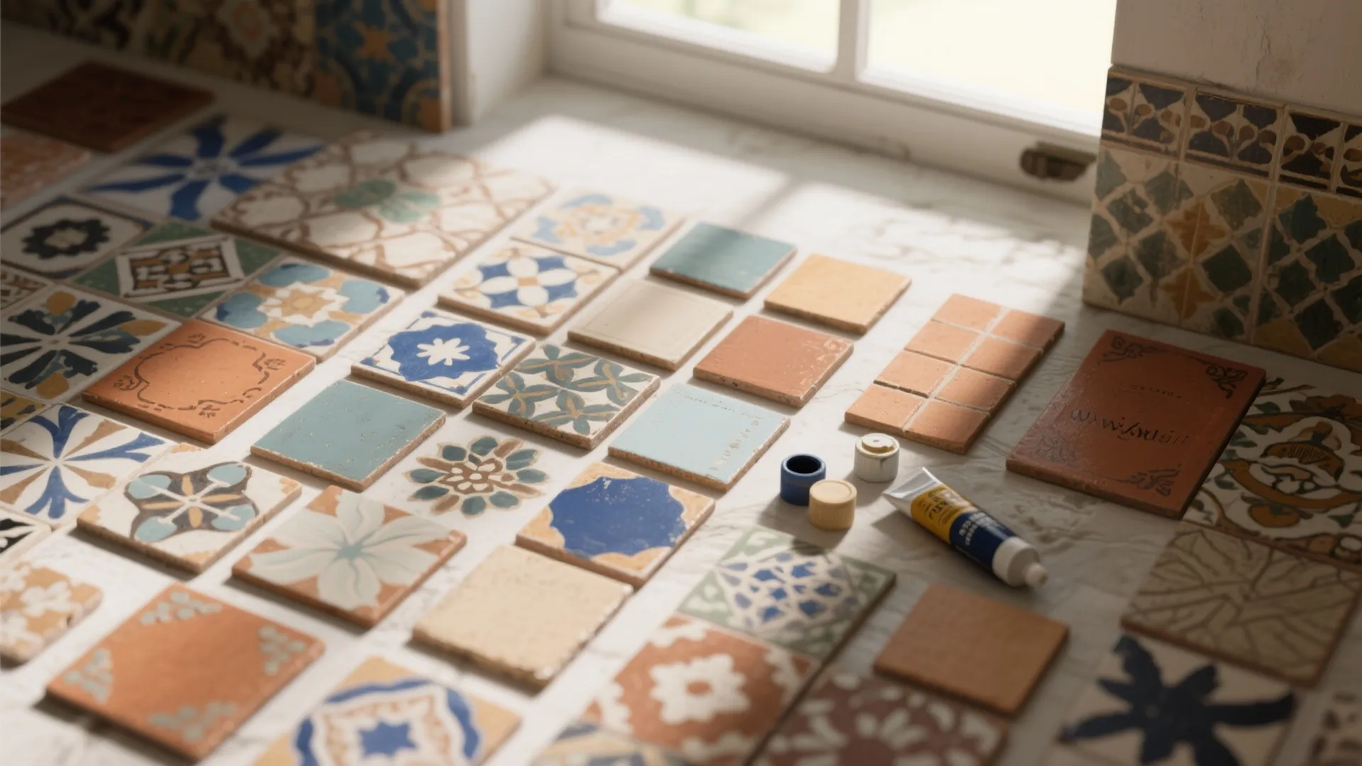 Various colorful patterned floor tiles laid out on white surface near a bright sunny window