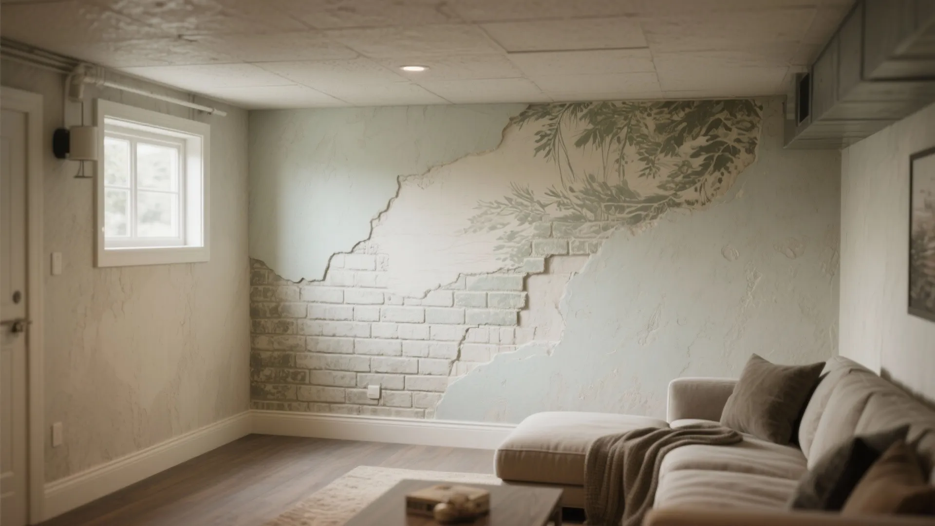 Basement accent wall with faux plaster limewash and a subtle mural creating a focal point.