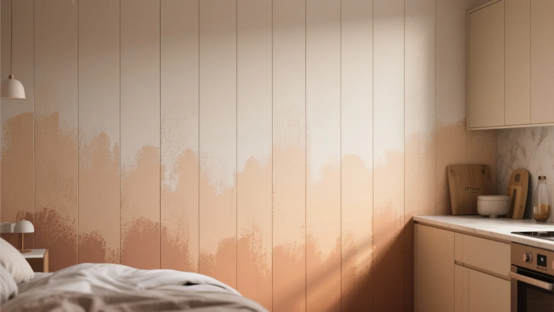 Interior wall painted with faux vertical panels and a soft ombre blend, shown alongside kitchen counters or cabinetry for scale.