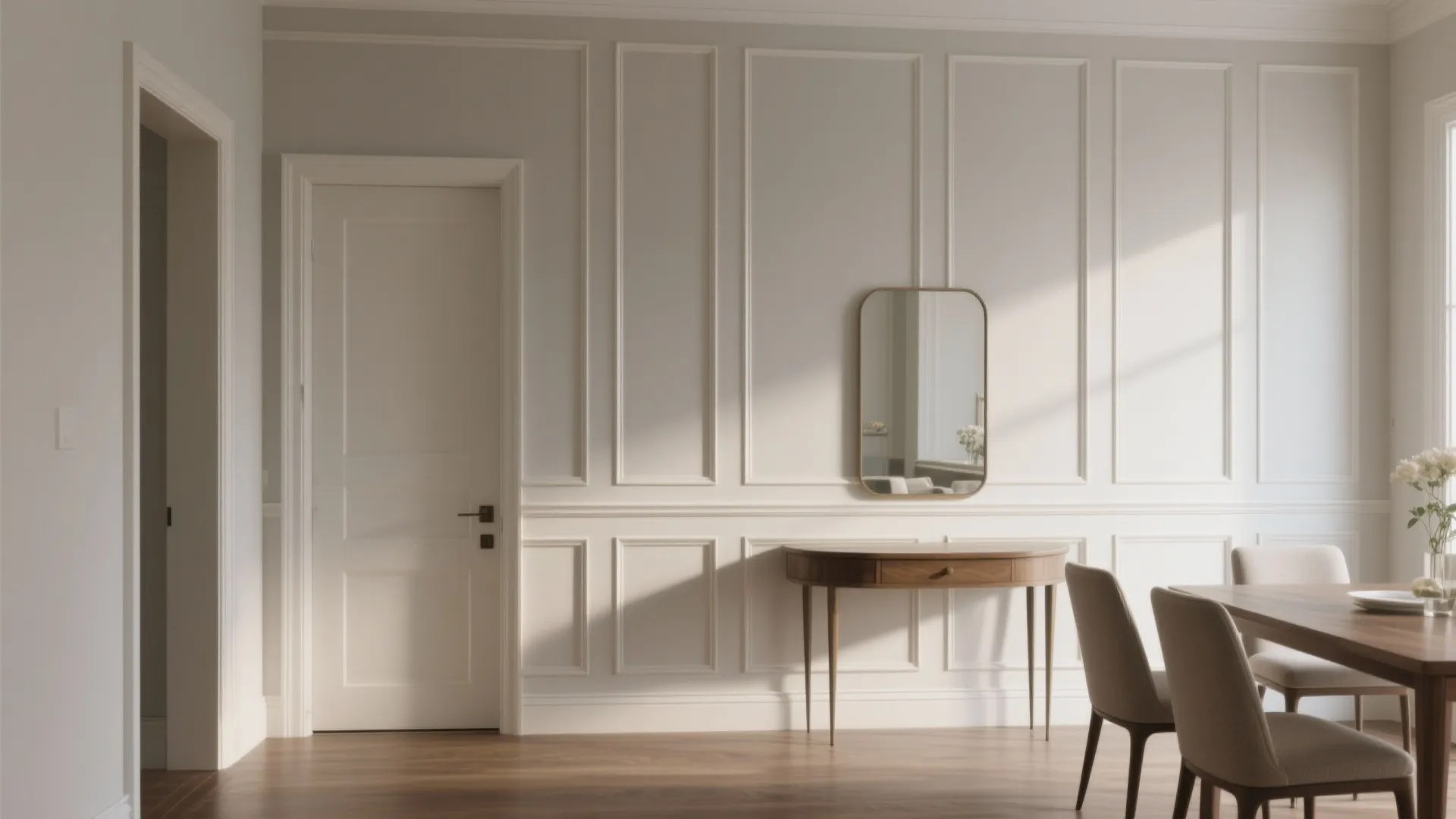 Elegant dining area with white wall panel design wooden table chairs mirror and natural sunlight
